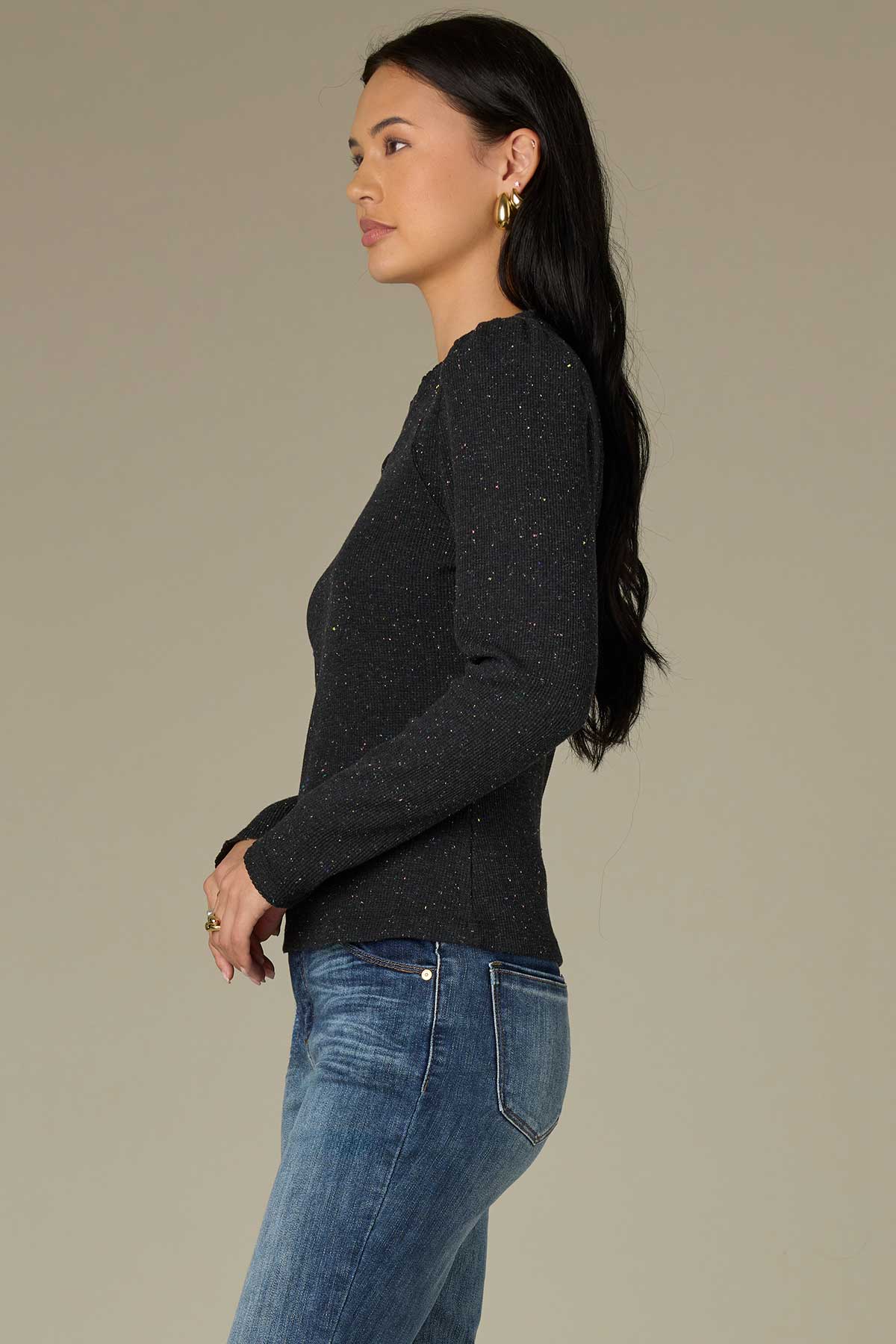 Long Puff Sleeve Crew Neck Speckled Thermal Knit Top - Image 3