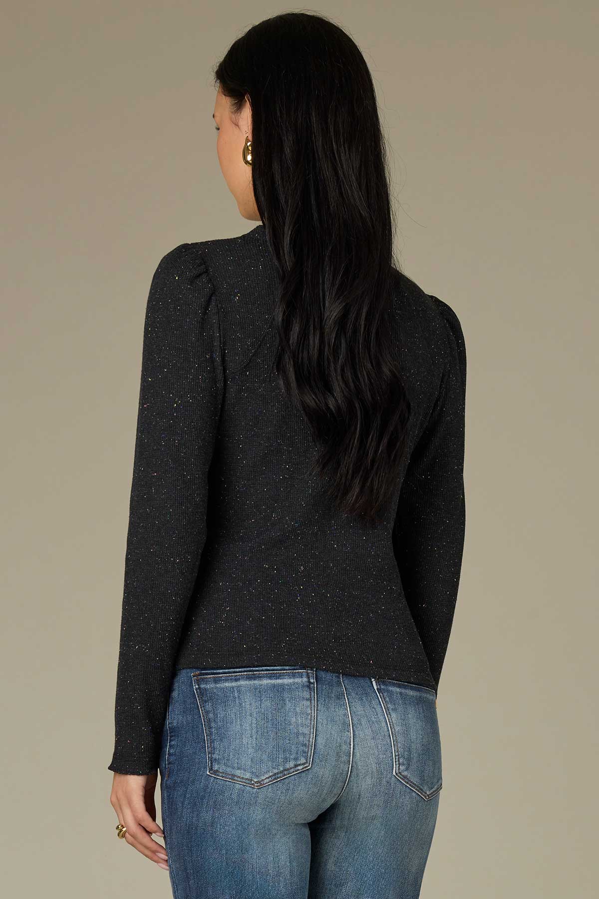 Long Puff Sleeve Crew Neck Speckled Thermal Knit Top - Image 4