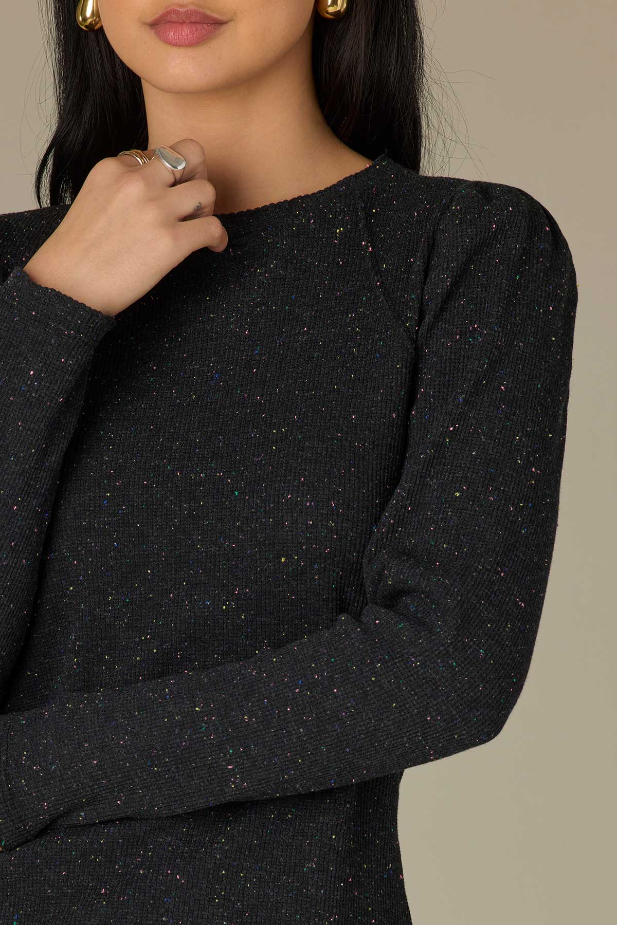 Long Puff Sleeve Crew Neck Speckled Thermal Knit Top - Image 5