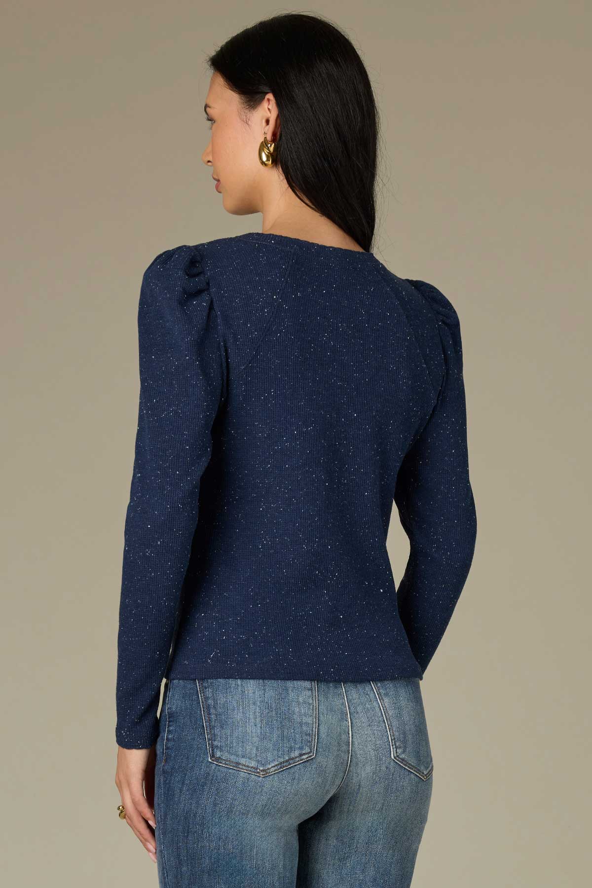 Long Puff Sleeve Crew Neck Speckled Thermal Knit Top - Image 8