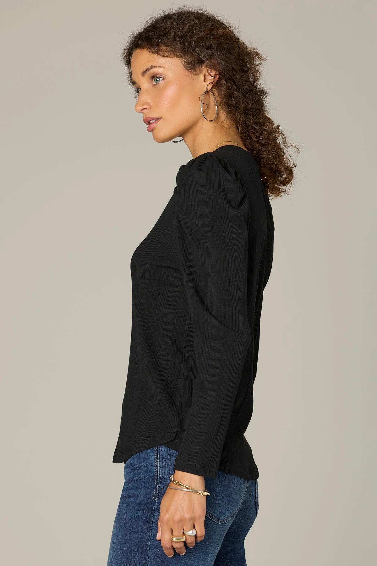 Long Puff Sleeve V-Neck Knit Top - Image 3