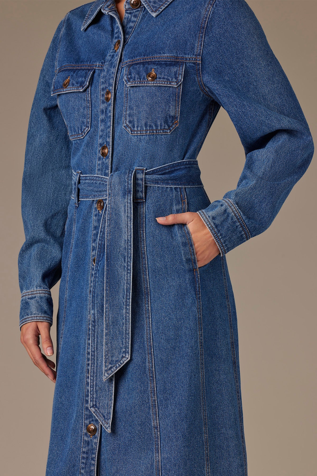 Long Sleeve Button Down Denim Dress - Image 5