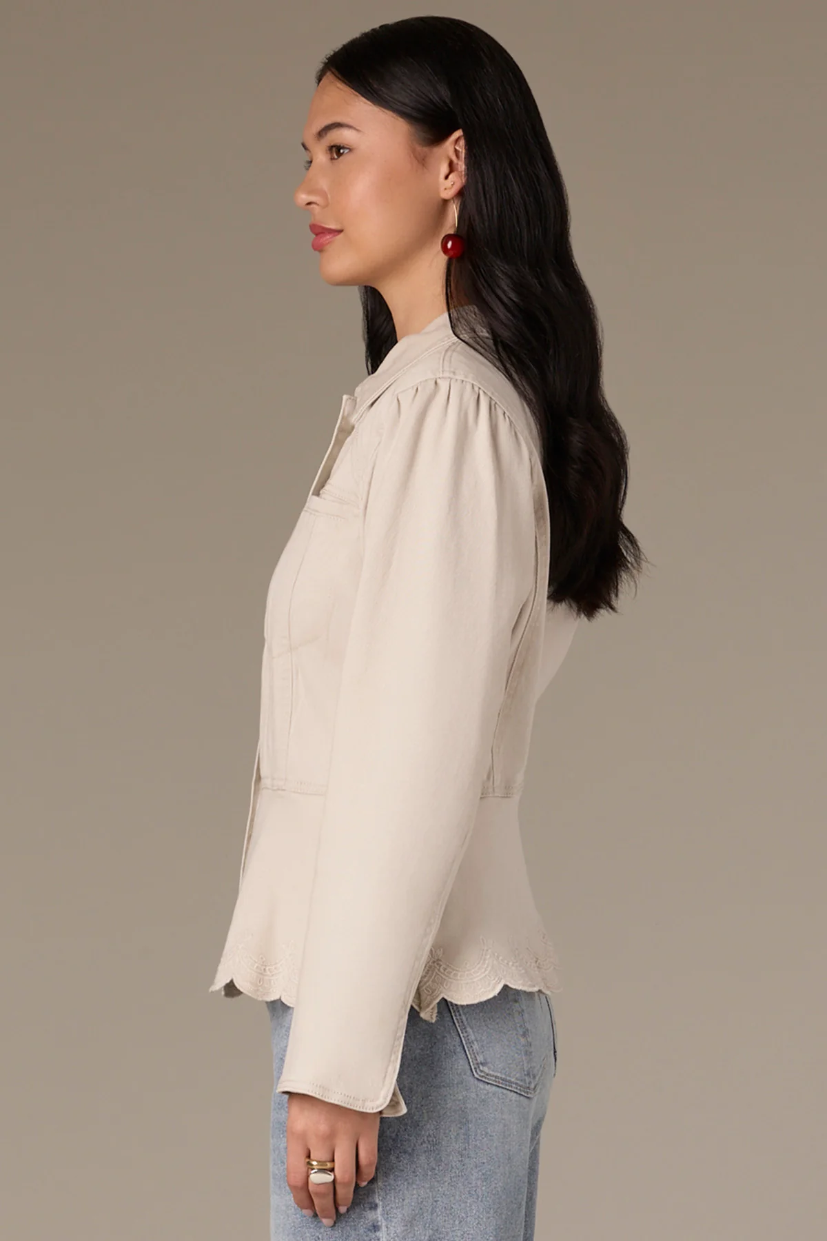 Long Sleeve Hidden Snap Front Embroidered Scallop Hem Jacket - Image 3