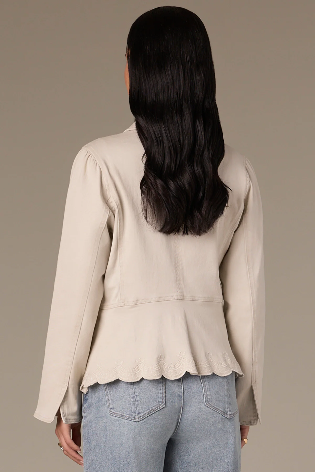 Long Sleeve Hidden Snap Front Embroidered Scallop Hem Jacket - Image 4