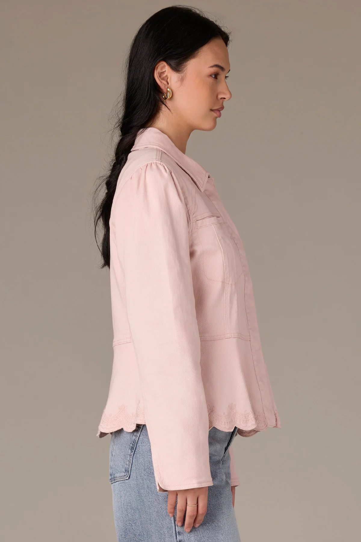 Long Sleeve Hidden Snap Front Embroidered Scallop Hem Jacket - Image 6