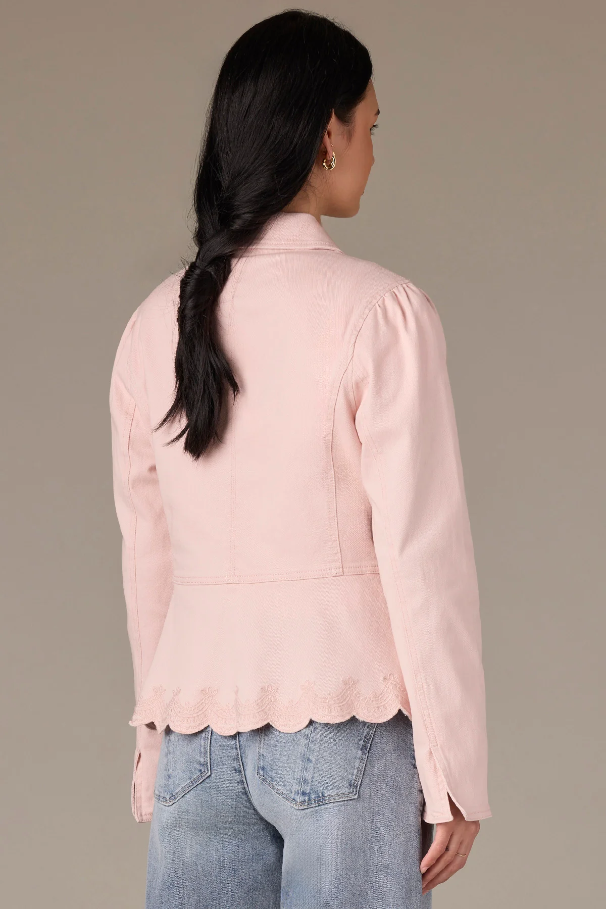 Long Sleeve Hidden Snap Front Embroidered Scallop Hem Jacket - Image 7