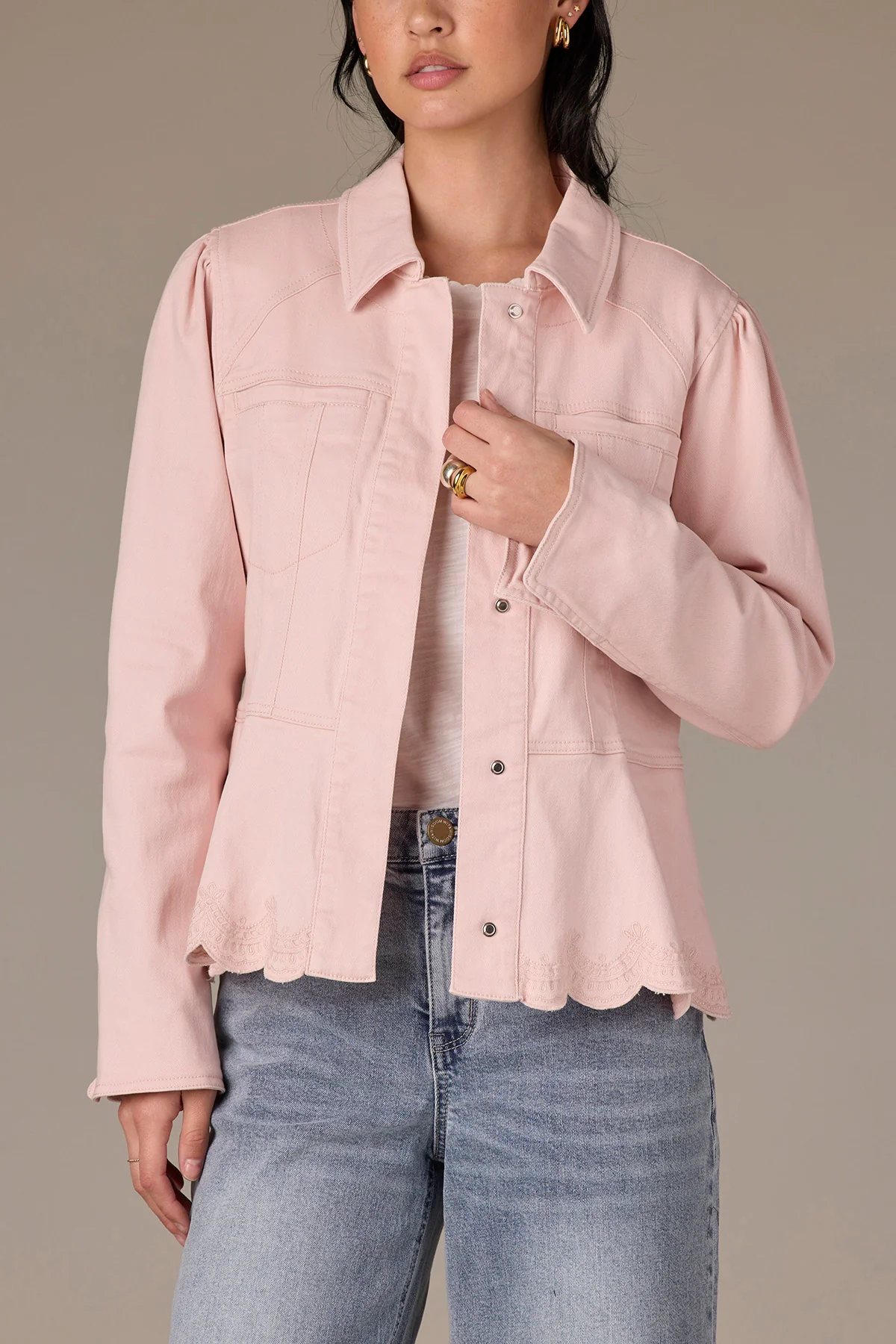 Long Sleeve Hidden Snap Front Embroidered Scallop Hem Jacket - Image 8