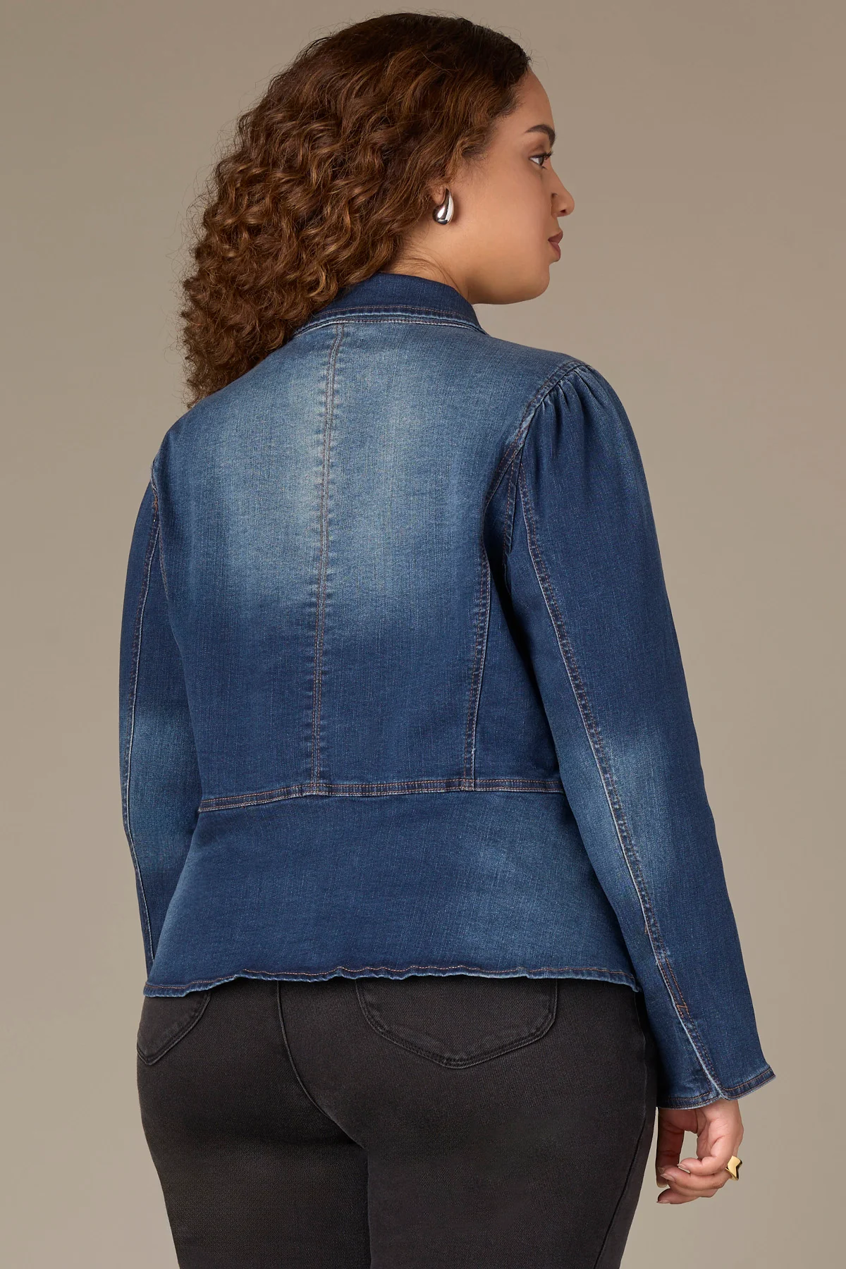 Long Sleeve Snap Front Peplum Hem Plus Size Denim Jacket - Image 3