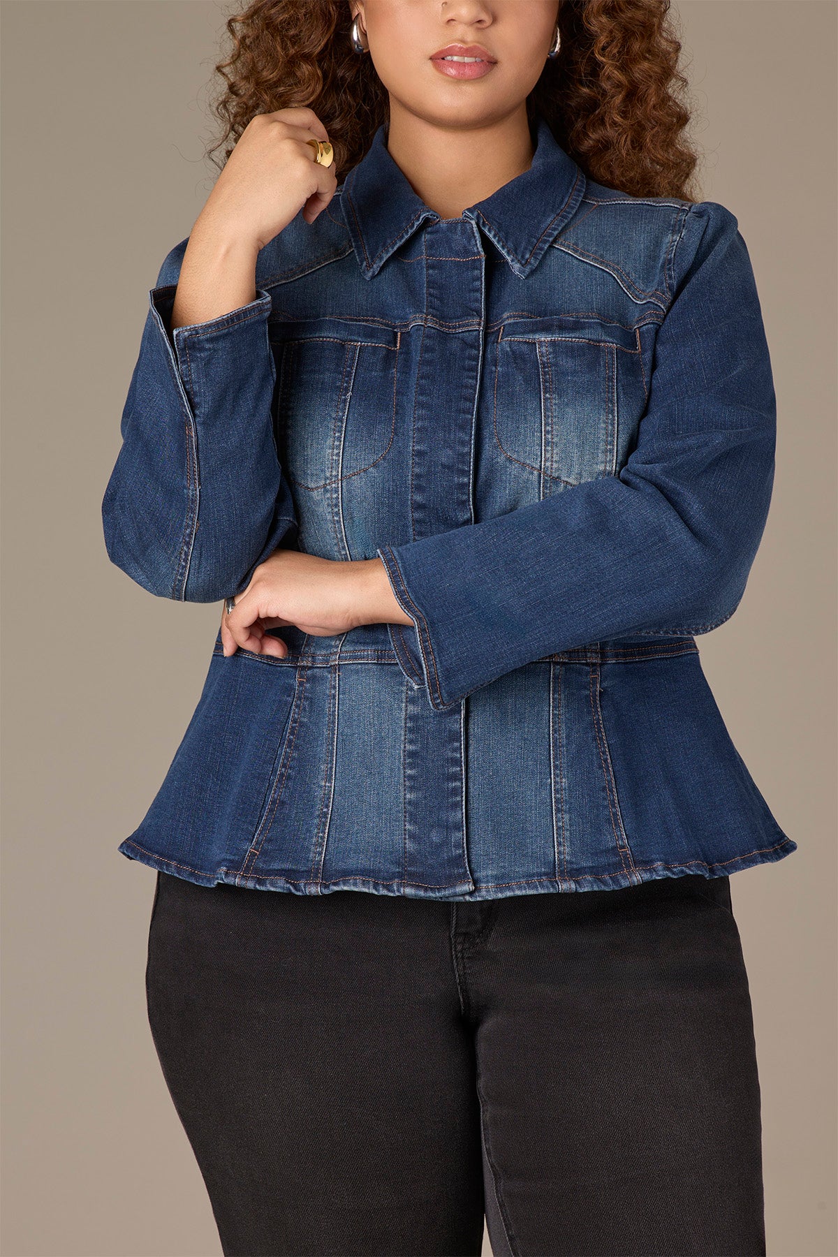 Long Sleeve Snap Front Peplum Hem Plus Size Denim Jacket - Image 4