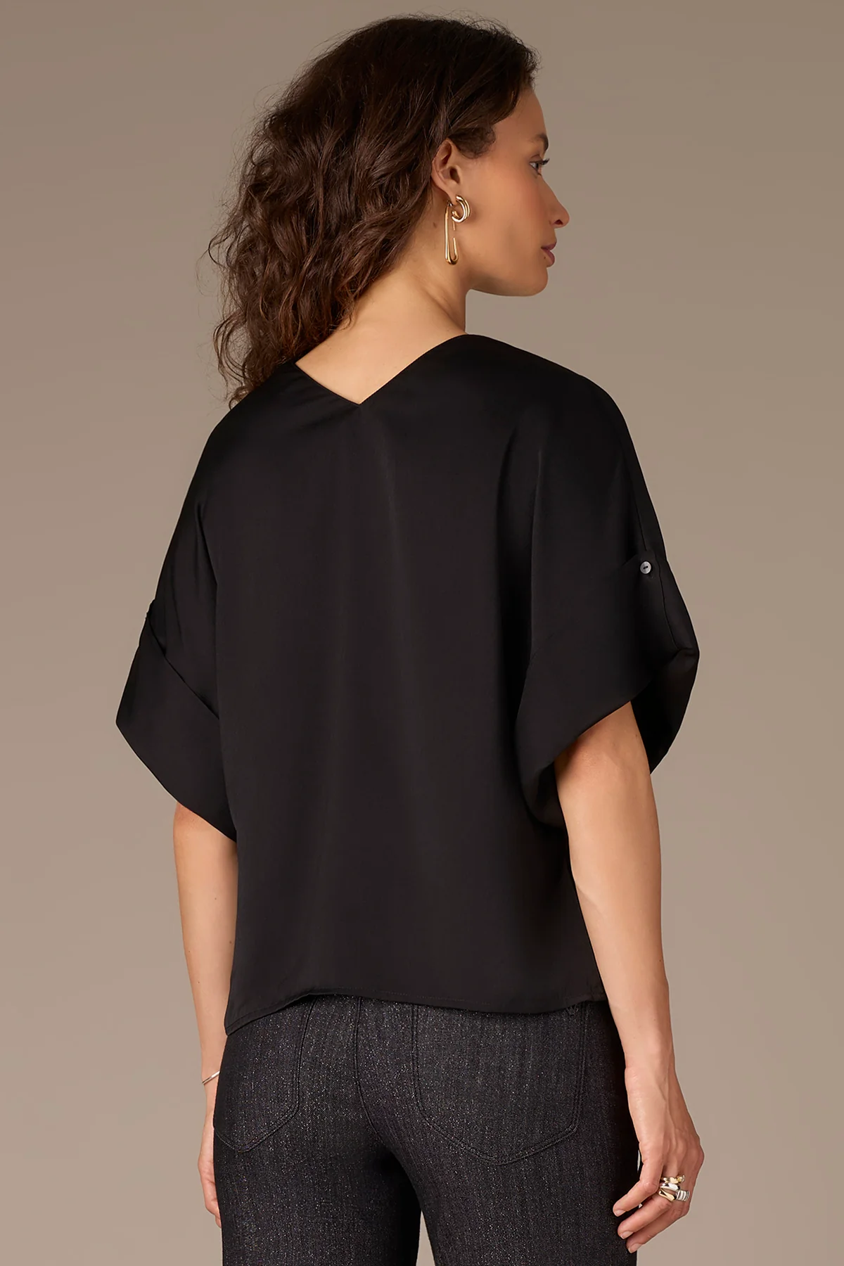 Roll Cuff Dolman Sleeve V-Neck Woven Top - Image 3
