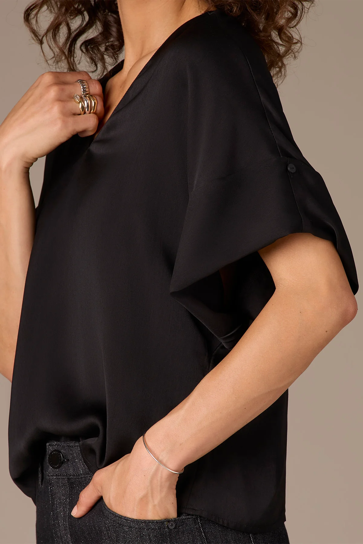 Roll Cuff Dolman Sleeve V-Neck Woven Top - Image 4