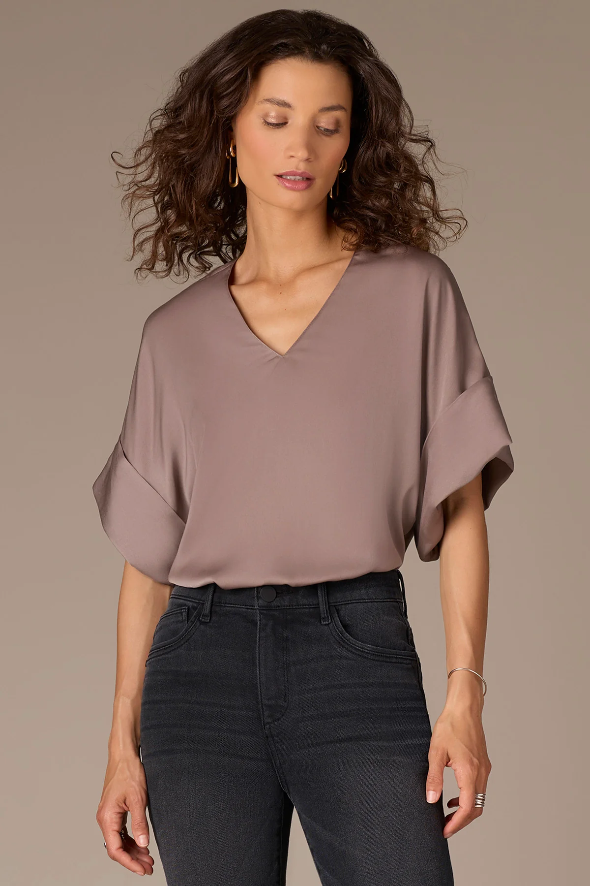 Roll Cuff Dolman Sleeve V-Neck Woven Top - Image 5
