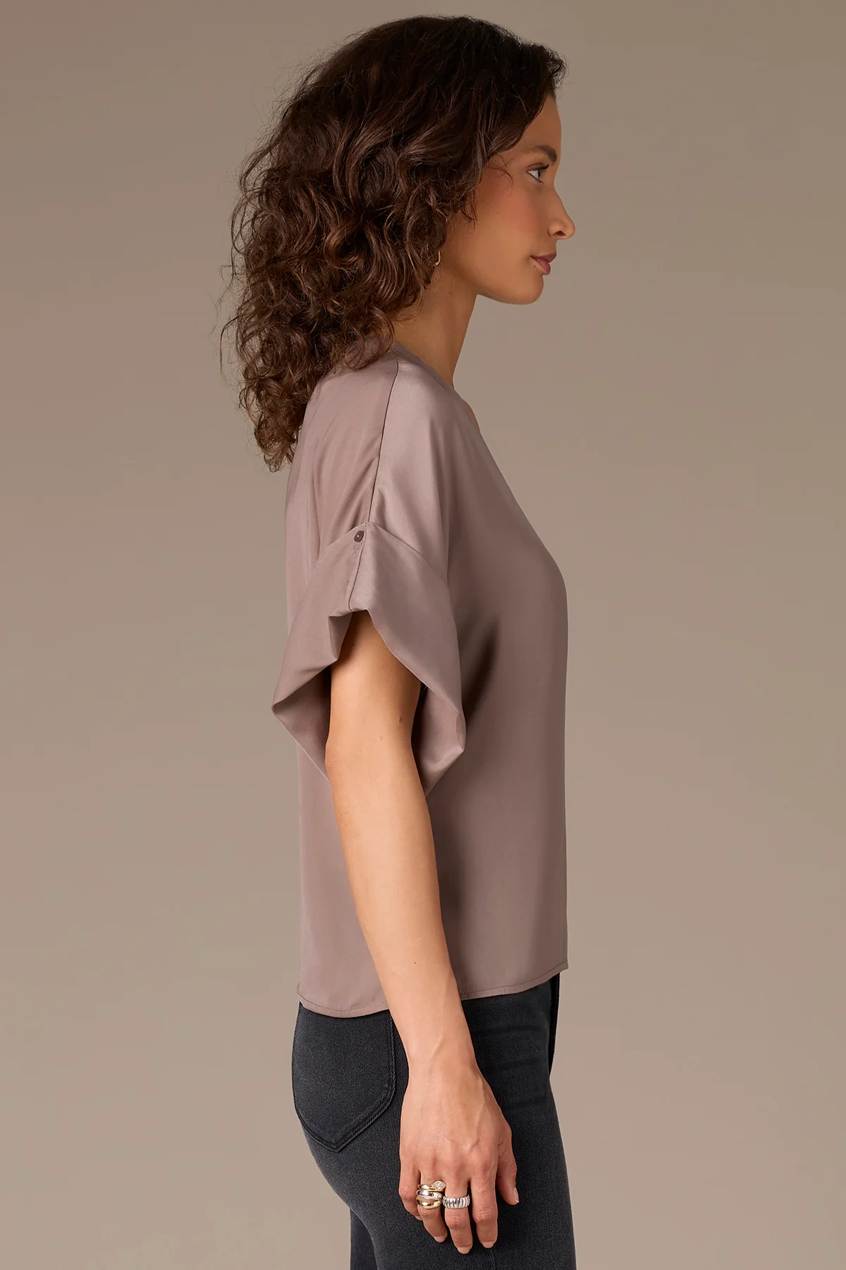 Roll Cuff Dolman Sleeve V-Neck Woven Top - Image 6