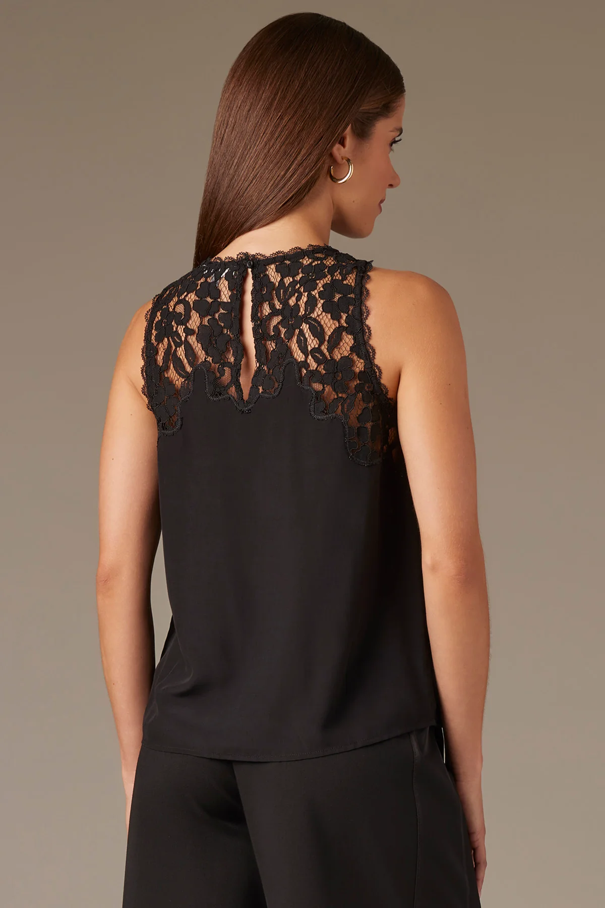 Round Neck Lace Yoke Scallop Edge Woven Tank Top - Image 4