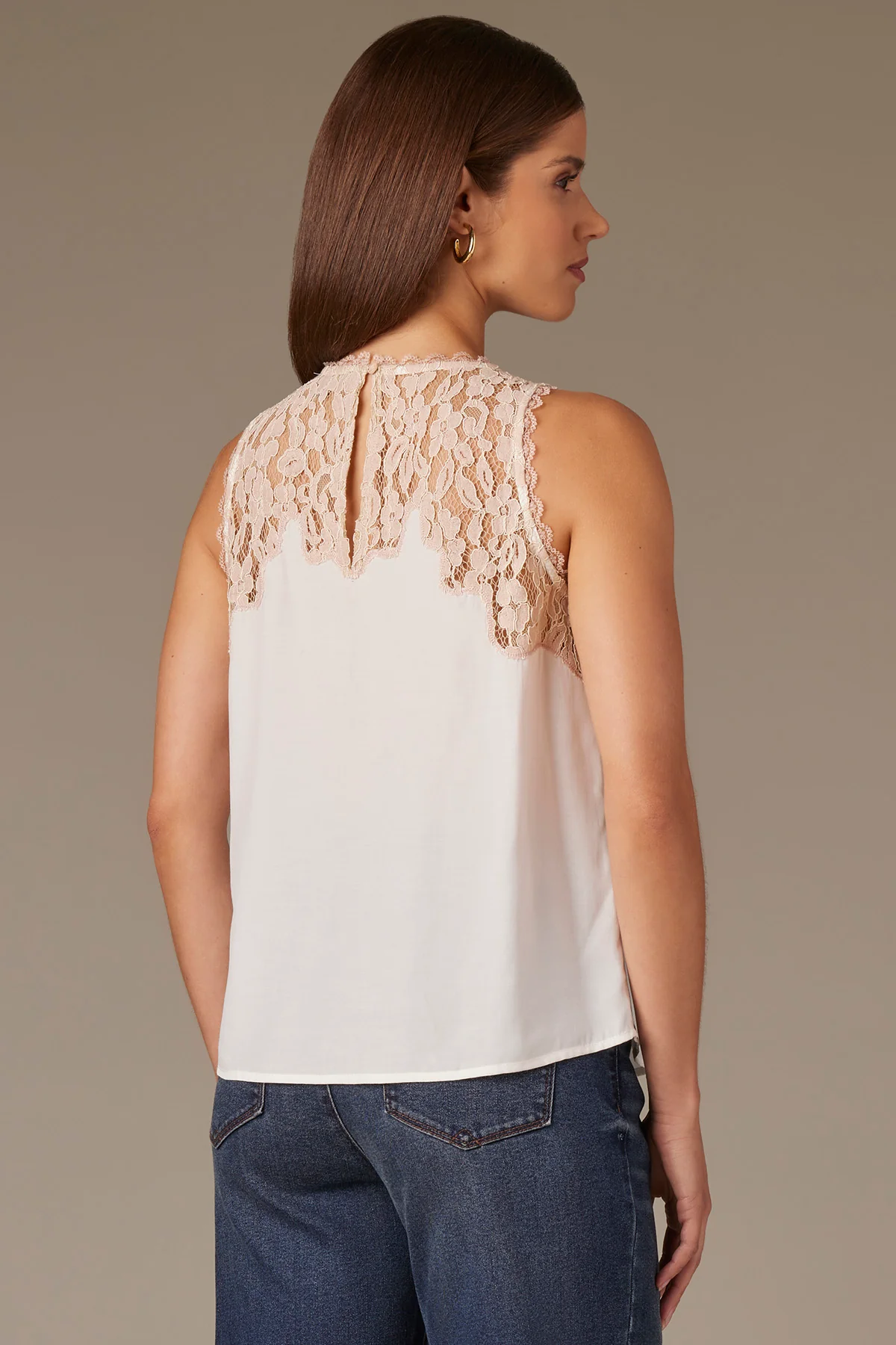 Round Neck Lace Yoke Scallop Edge Woven Tank Top - Image 9