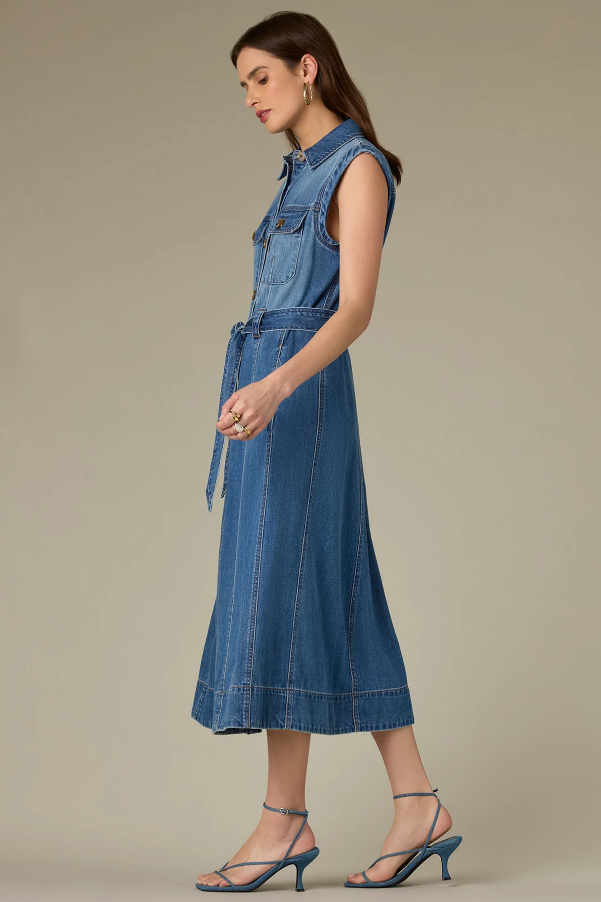 Sleeveless Button Down Belted Denim Dress with Front Darts - Image 3