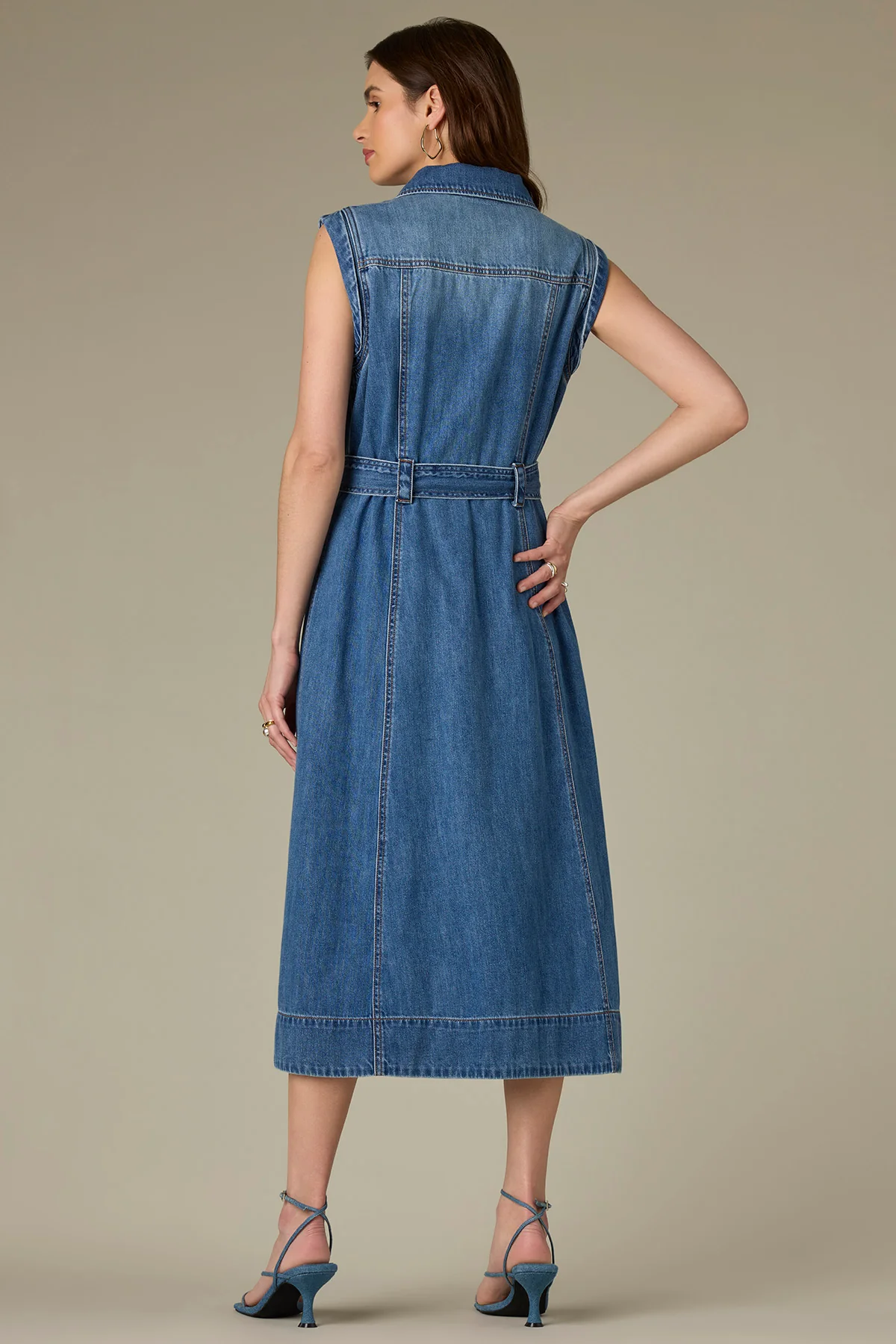 Sleeveless Button Down Belted Denim Dress with Front Darts - Image 4