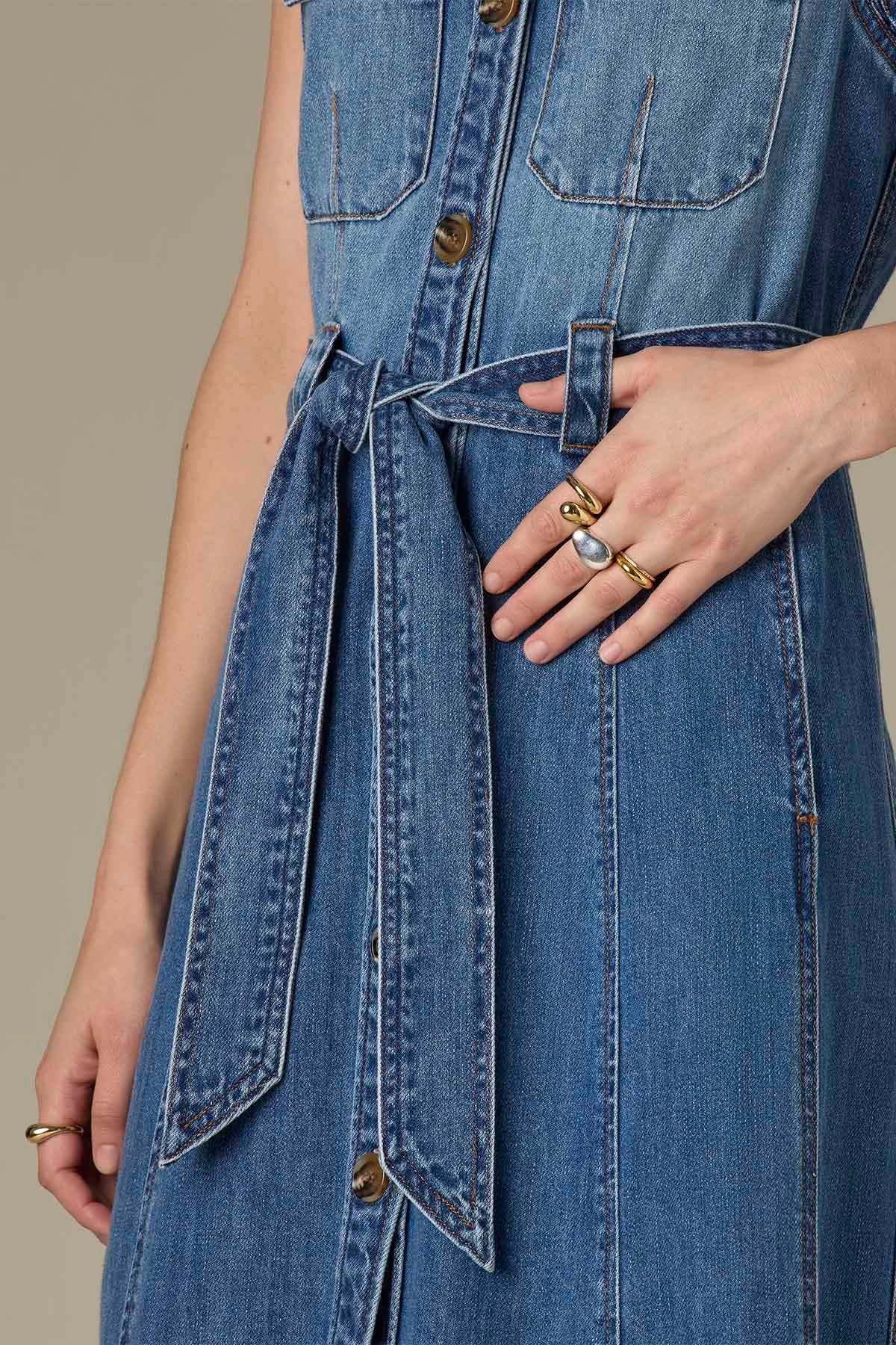 Sleeveless Button Down Belted Denim Dress with Front Darts - Image 5
