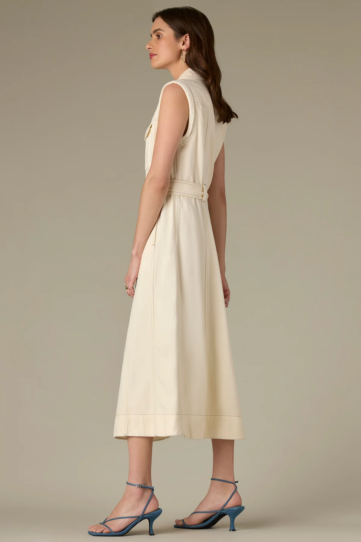 Sleeveless Button Down Front Dart Denim Dress with Belt - Image 3