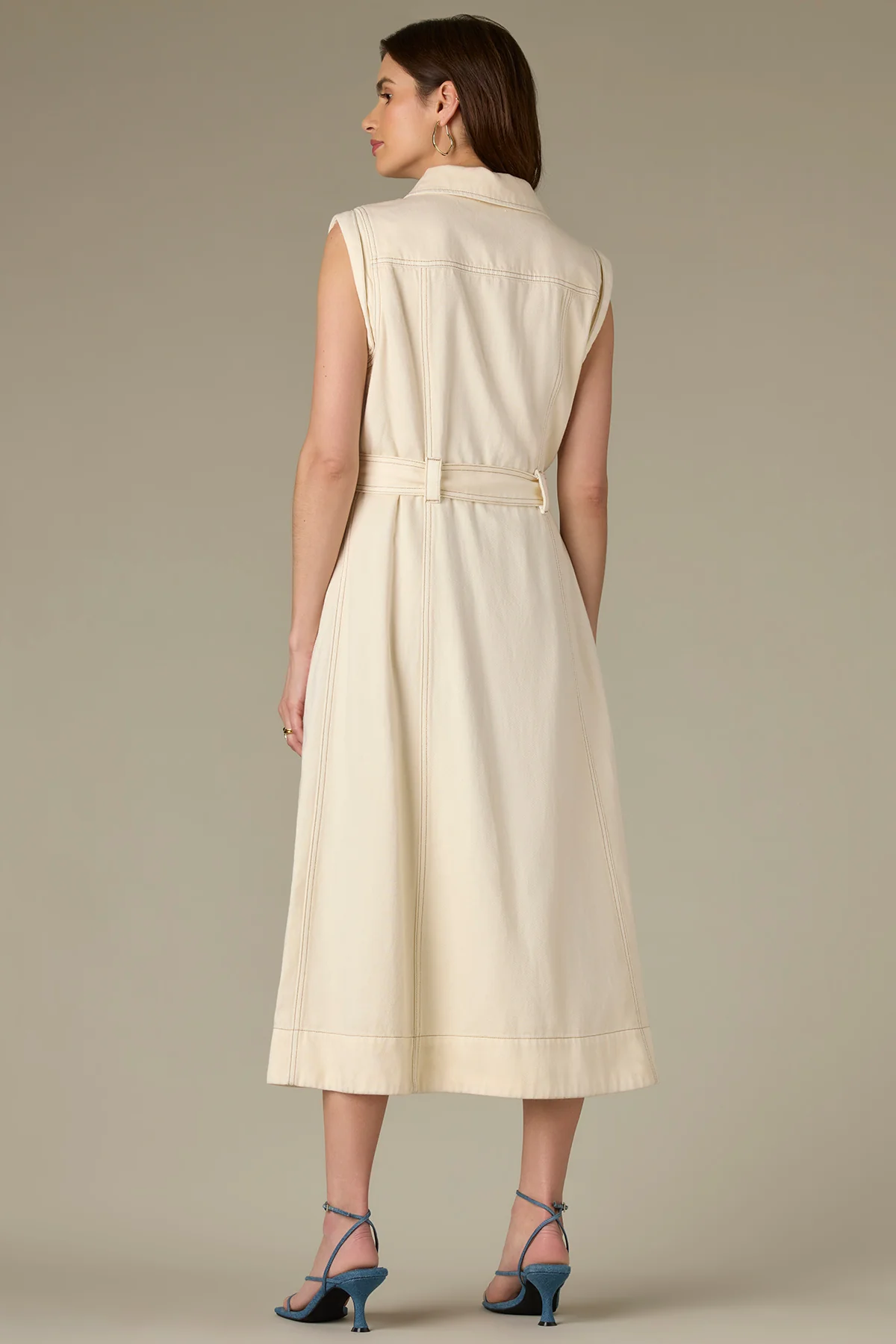 Sleeveless Button Down Front Dart Denim Dress with Belt - Image 4