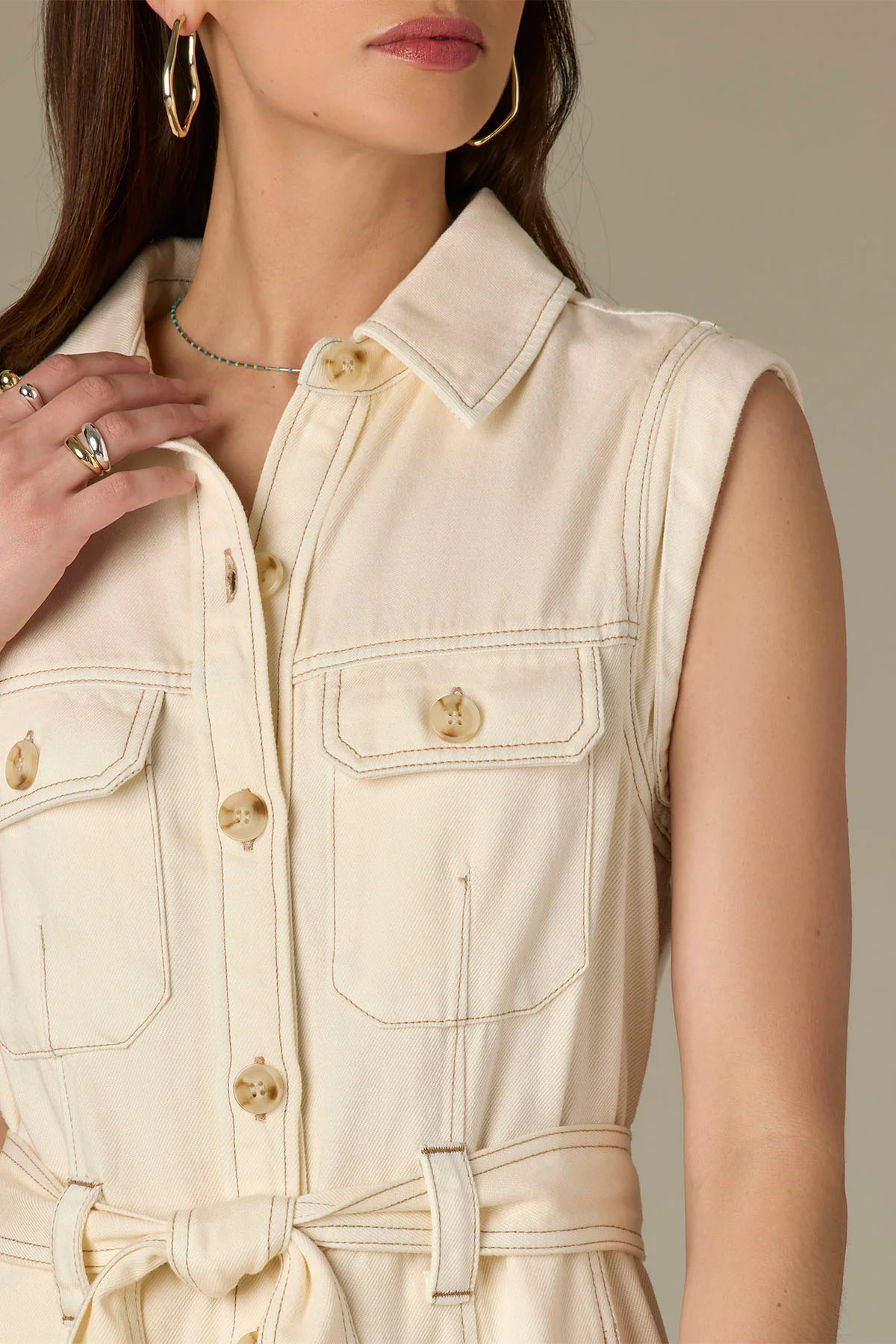 Sleeveless Button Down Front Dart Denim Dress with Belt - Image 5