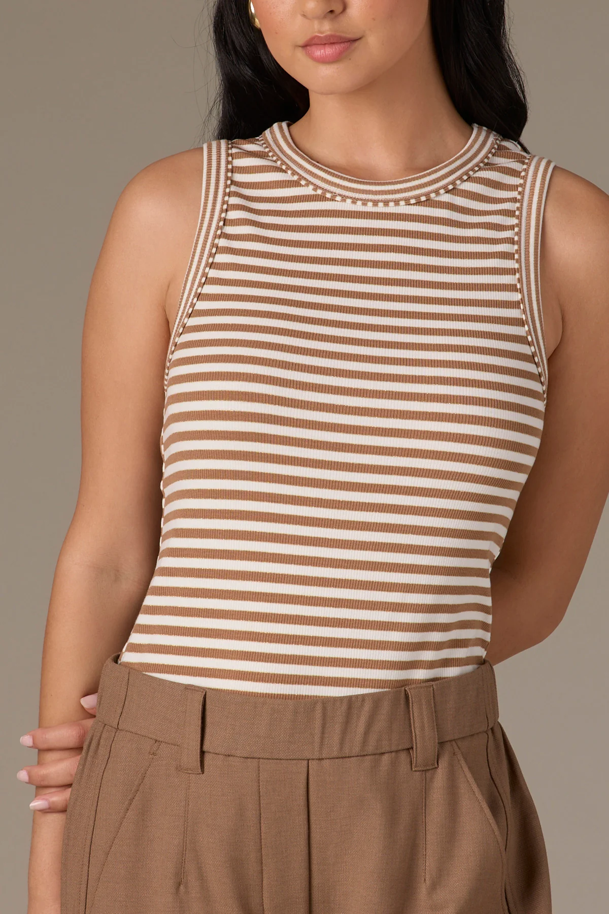 Sleeveless Crew Neck Stripe Print Knit Tank Top - Image 13
