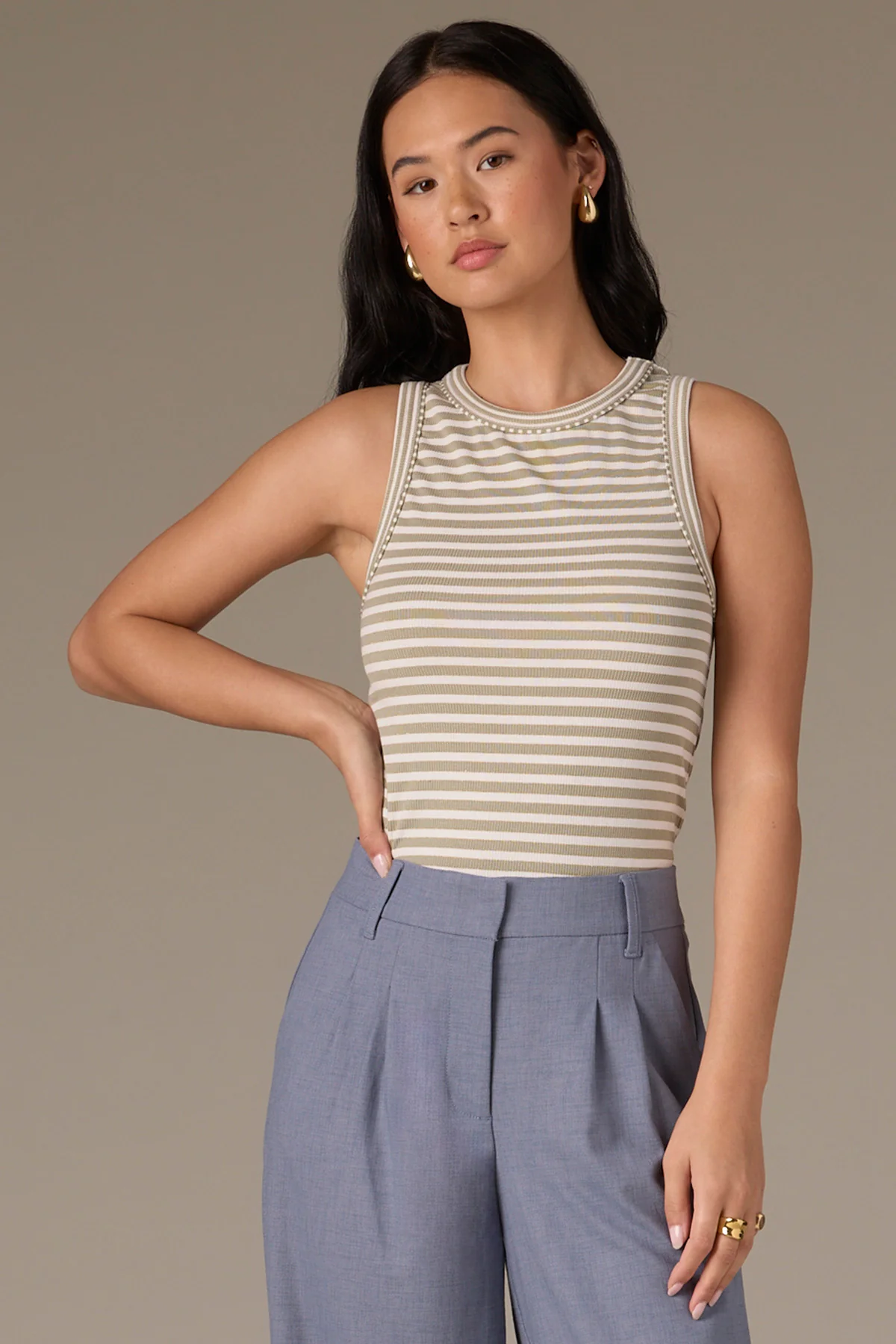 Sleeveless Crew Neck Stripe Print Knit Tank Top - Image 14