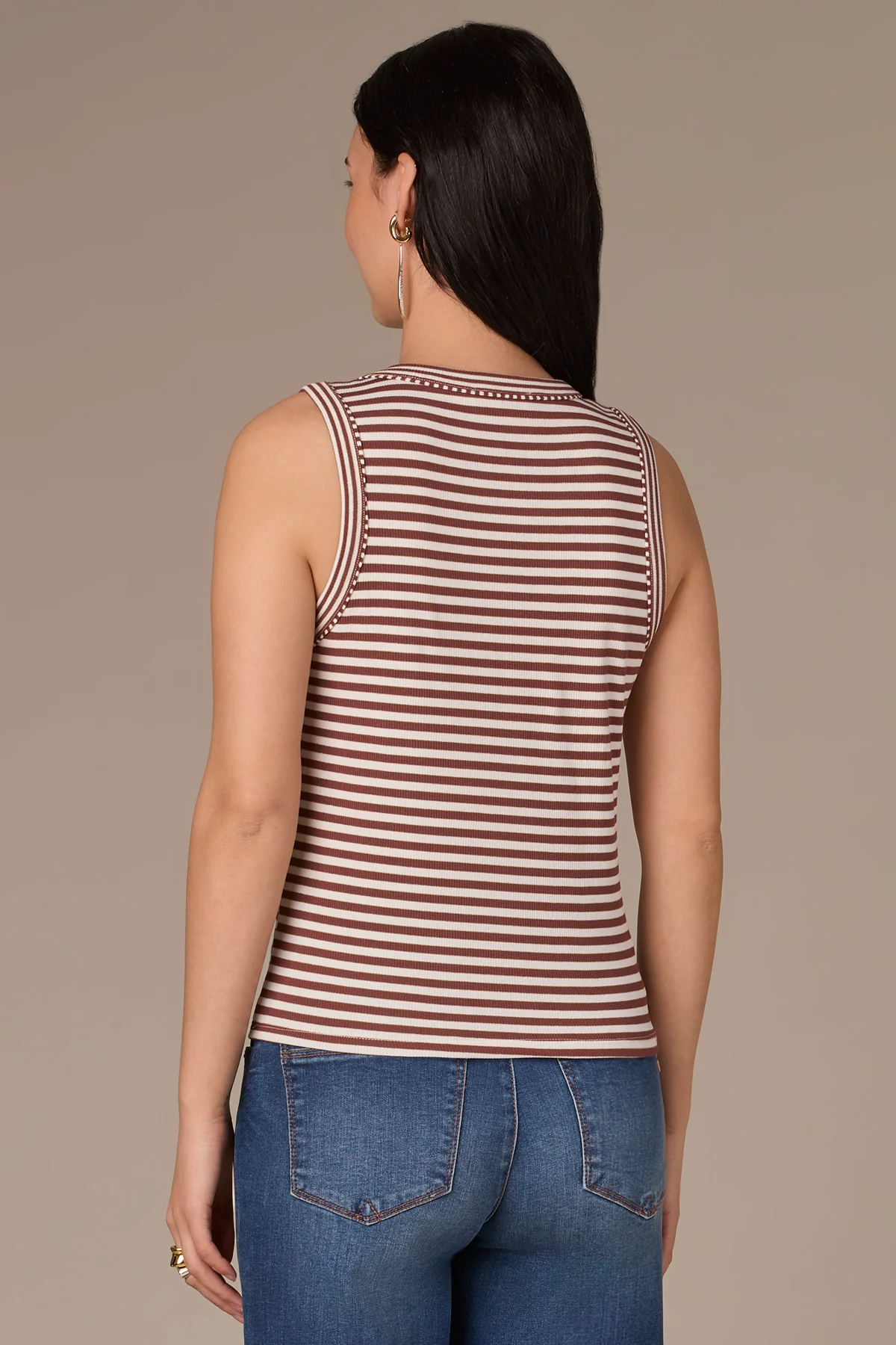 Sleeveless Crew Neck Stripe Print Knit Tank Top - Image 3
