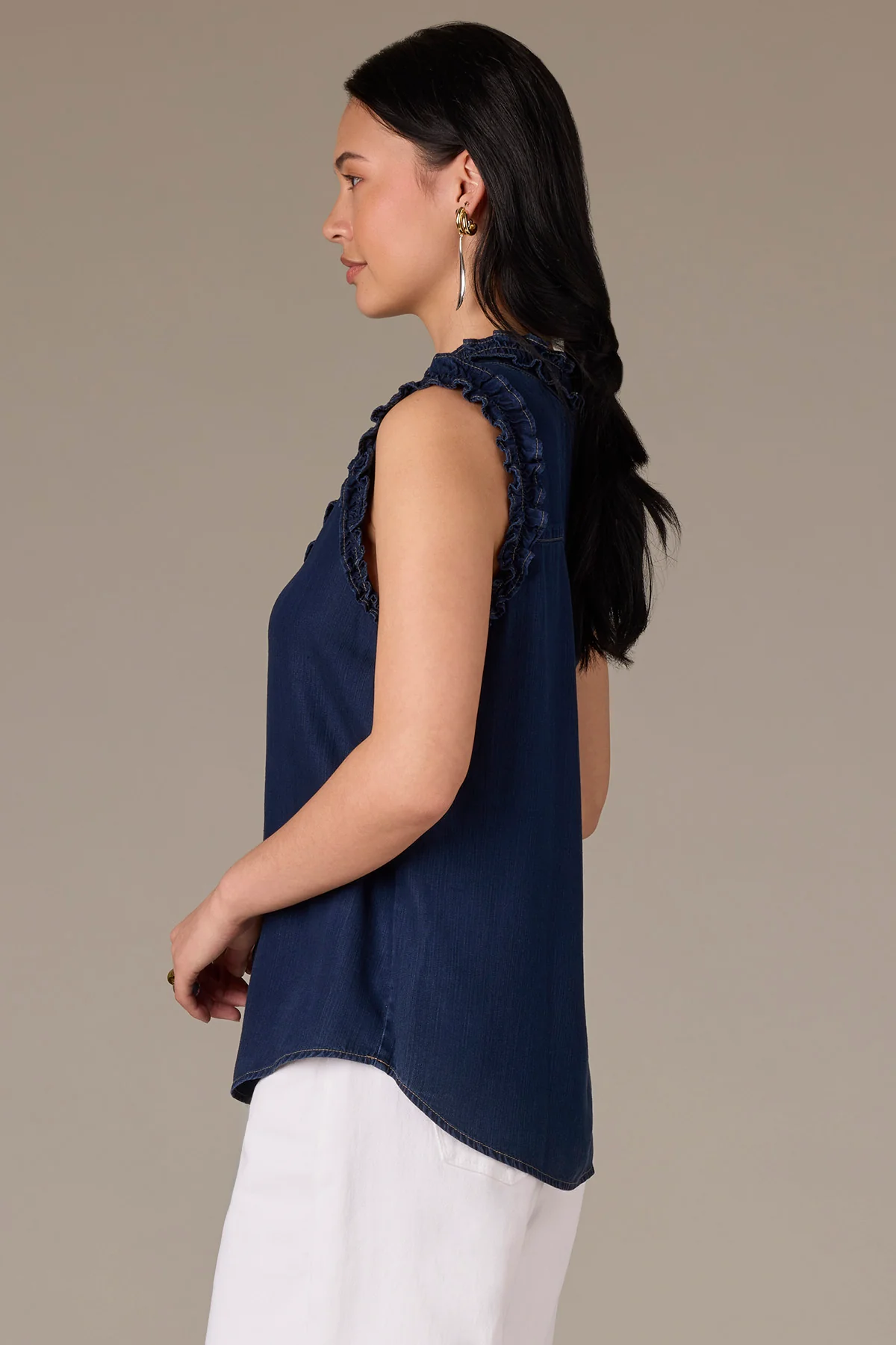 Sleeveless Ruffle Armhole Ruched Stand Collar V-Neck Woven Top - Image 3