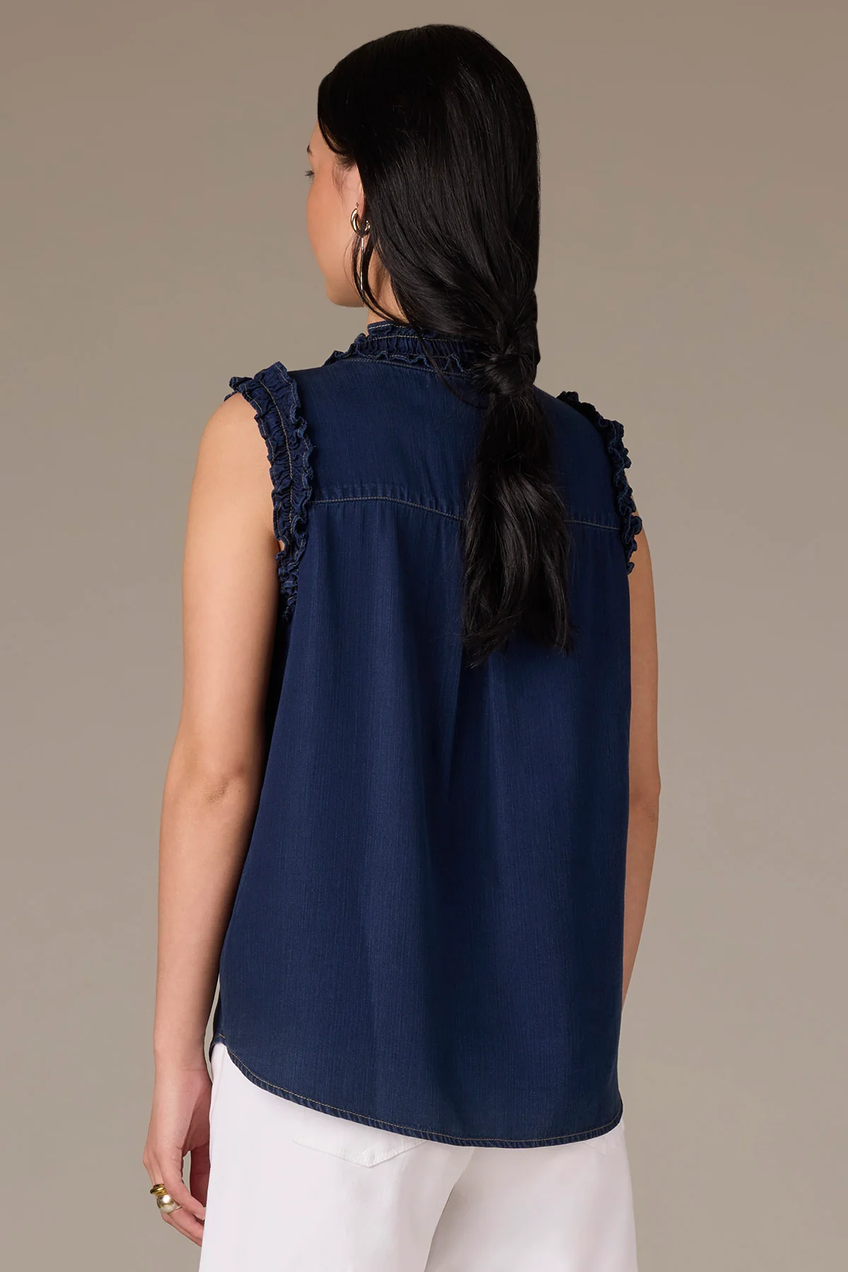 Sleeveless Ruffle Armhole Ruched Stand Collar V-Neck Woven Top - Image 4