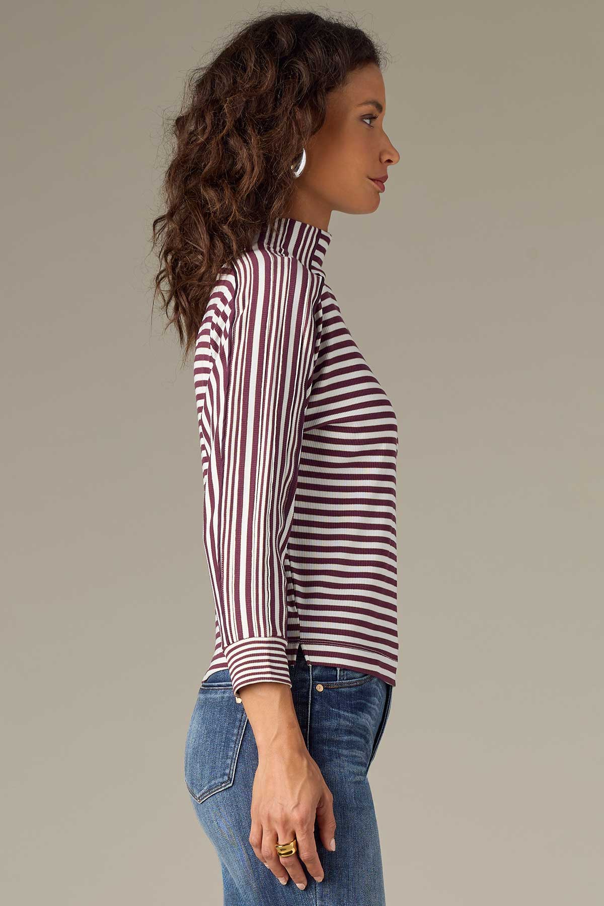 Three Quarter Dolman Sleeve Mock Neck Stripe Print Knit Top - Image 11
