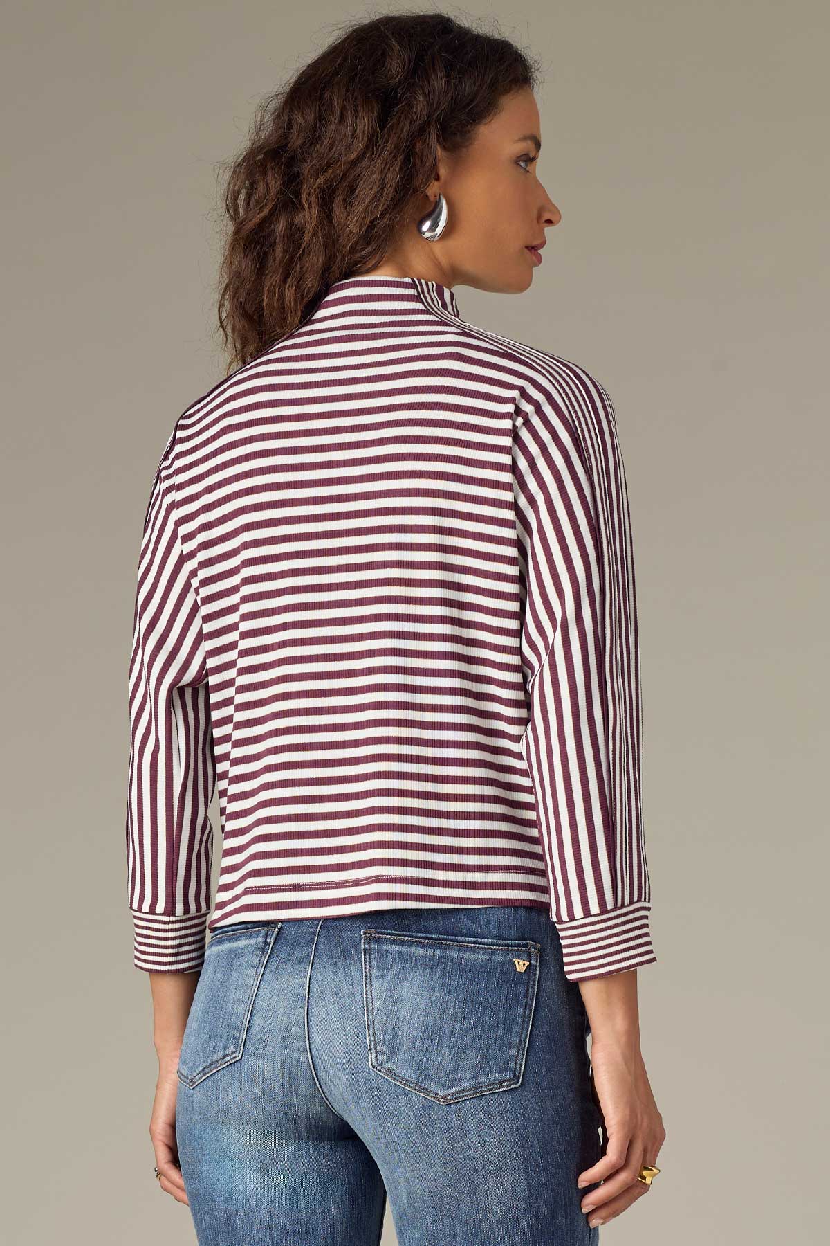 Three Quarter Dolman Sleeve Mock Neck Stripe Print Knit Top - Image 12