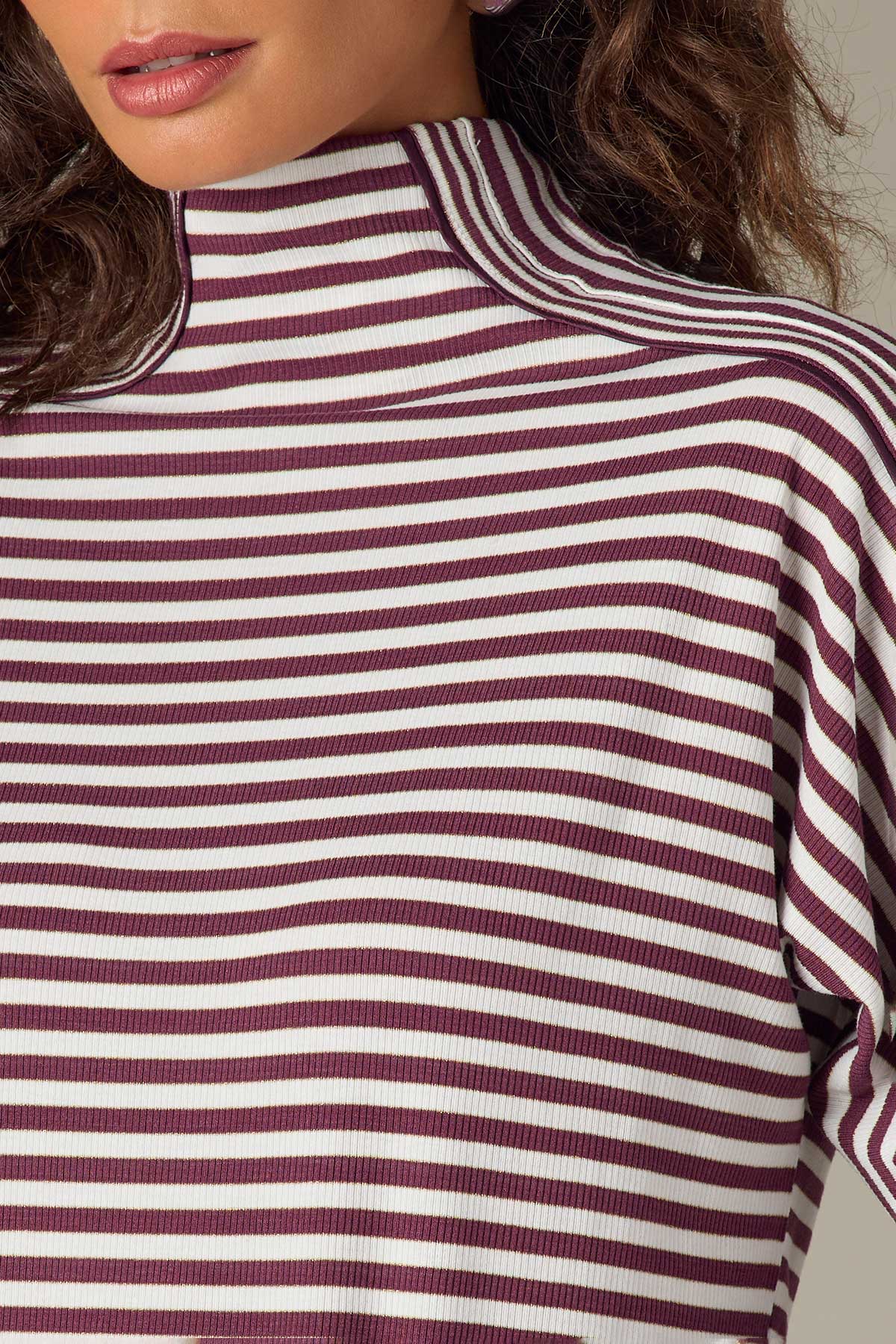 Three Quarter Dolman Sleeve Mock Neck Stripe Print Knit Top - Image 13