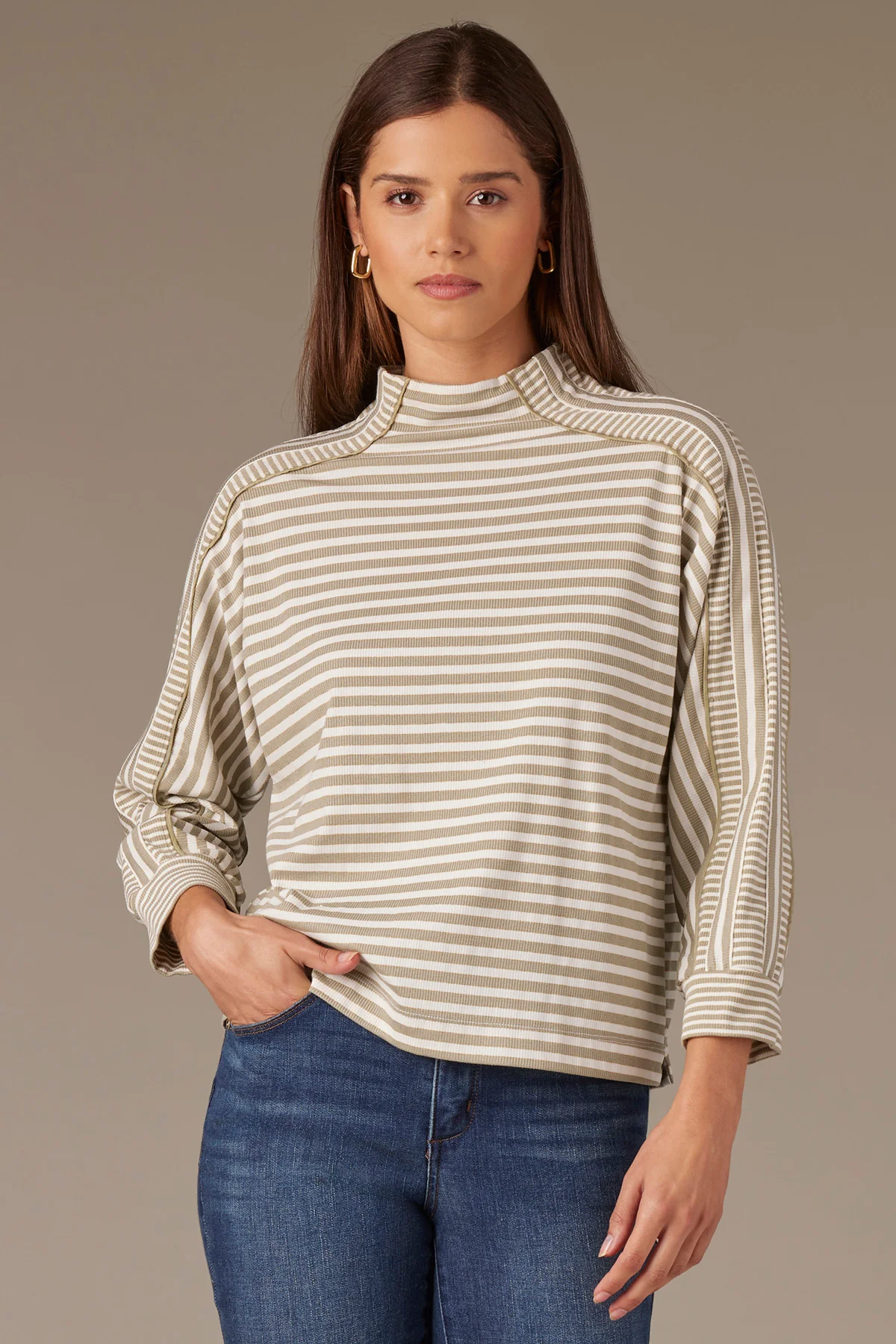 Three Quarter Dolman Sleeve Mock Neck Stripe Print Knit Top - Image 14