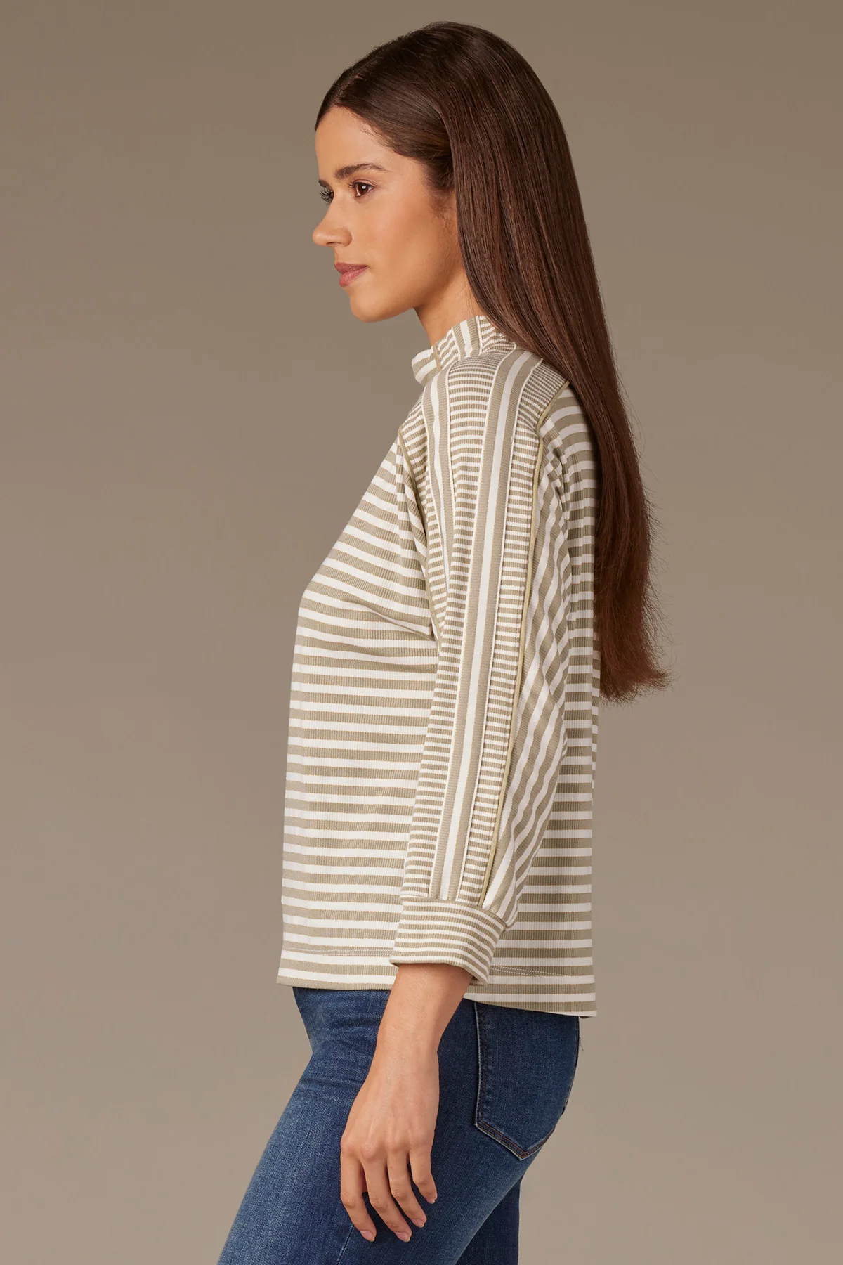 Three Quarter Dolman Sleeve Mock Neck Stripe Print Knit Top - Image 15
