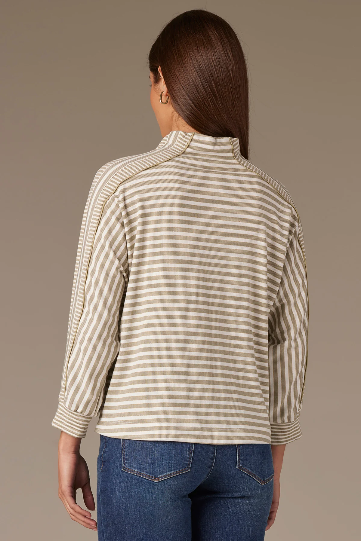 Three Quarter Dolman Sleeve Mock Neck Stripe Print Knit Top - Image 16