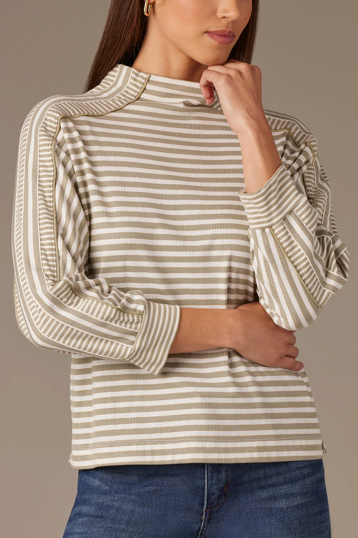 Three Quarter Dolman Sleeve Mock Neck Stripe Print Knit Top - Image 17