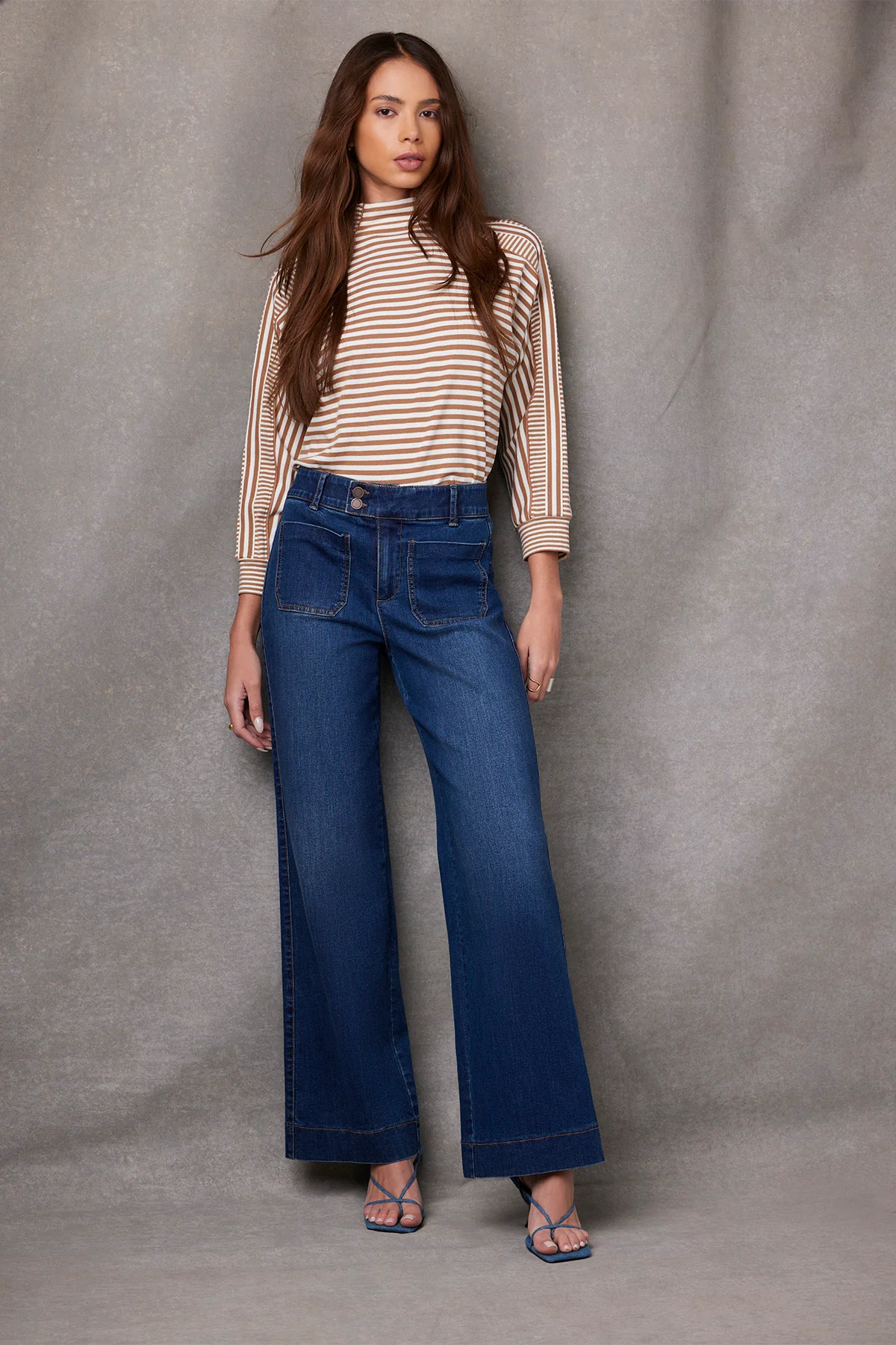 Three Quarter Dolman Sleeve Mock Neck Stripe Print Knit Top - Image 18