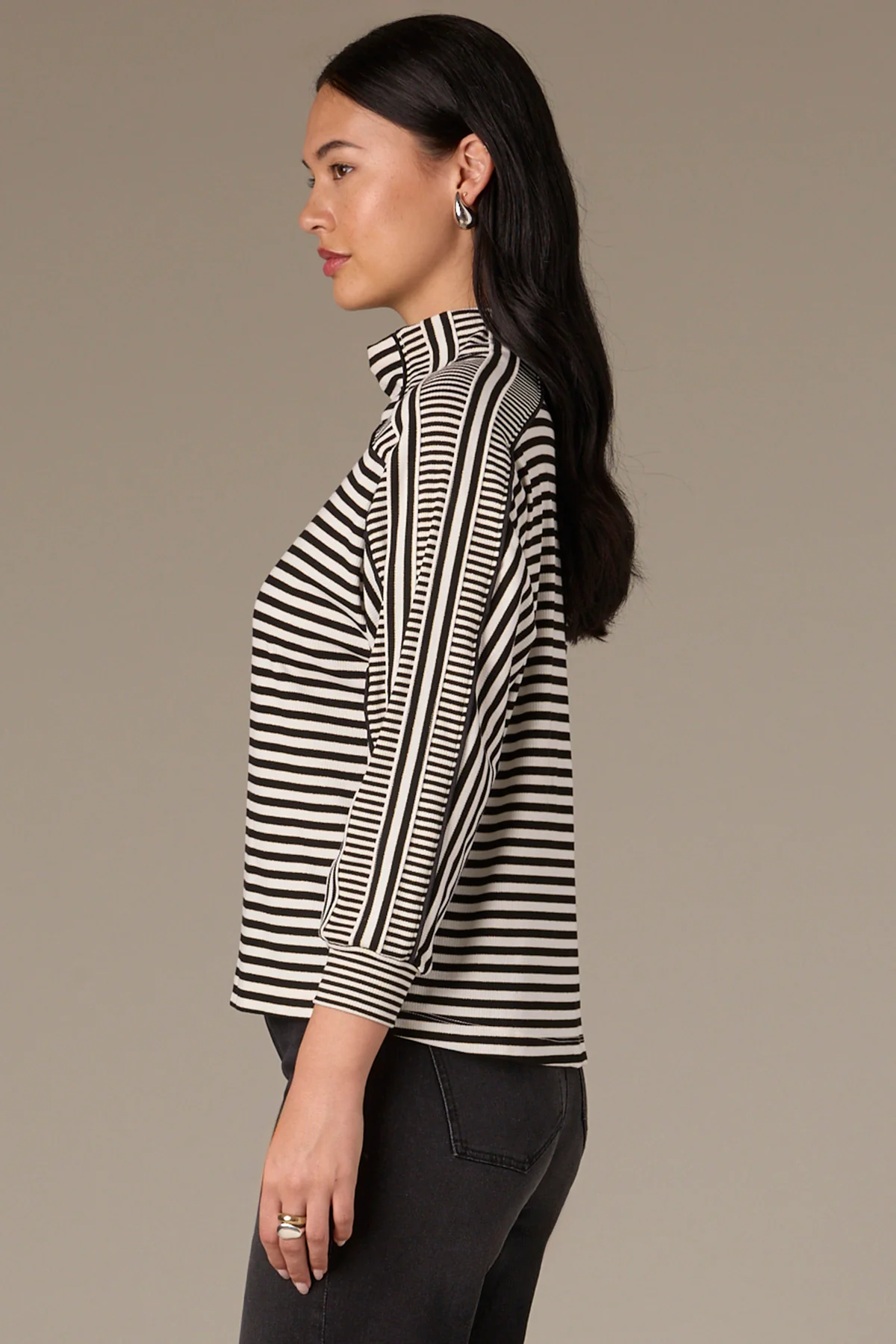 Three Quarter Dolman Sleeve Mock Neck Stripe Print Knit Top - Image 3