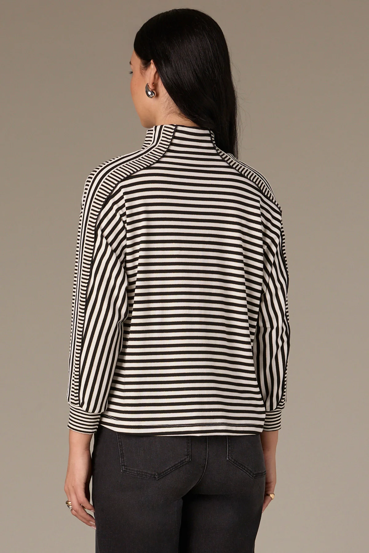 Three Quarter Dolman Sleeve Mock Neck Stripe Print Knit Top - Image 4