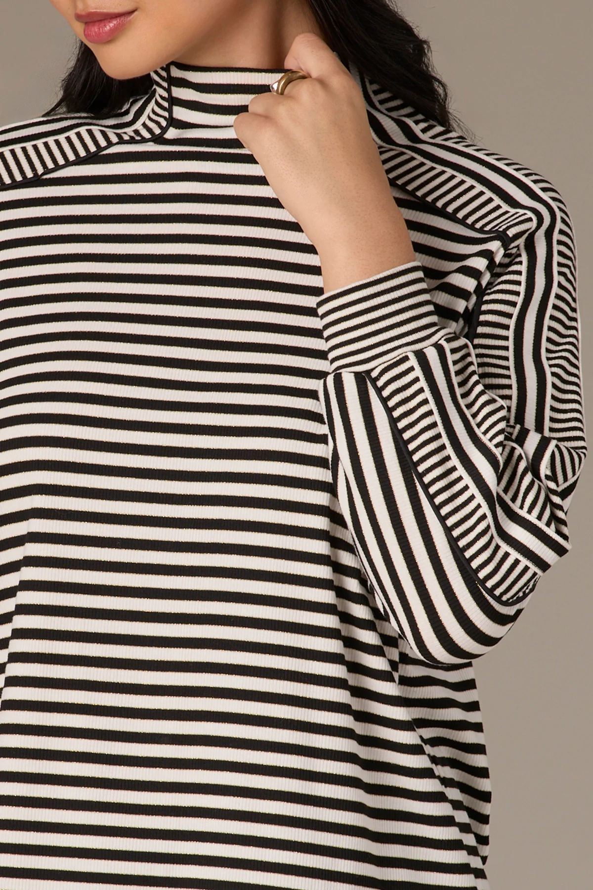 Three Quarter Dolman Sleeve Mock Neck Stripe Print Knit Top - Image 5