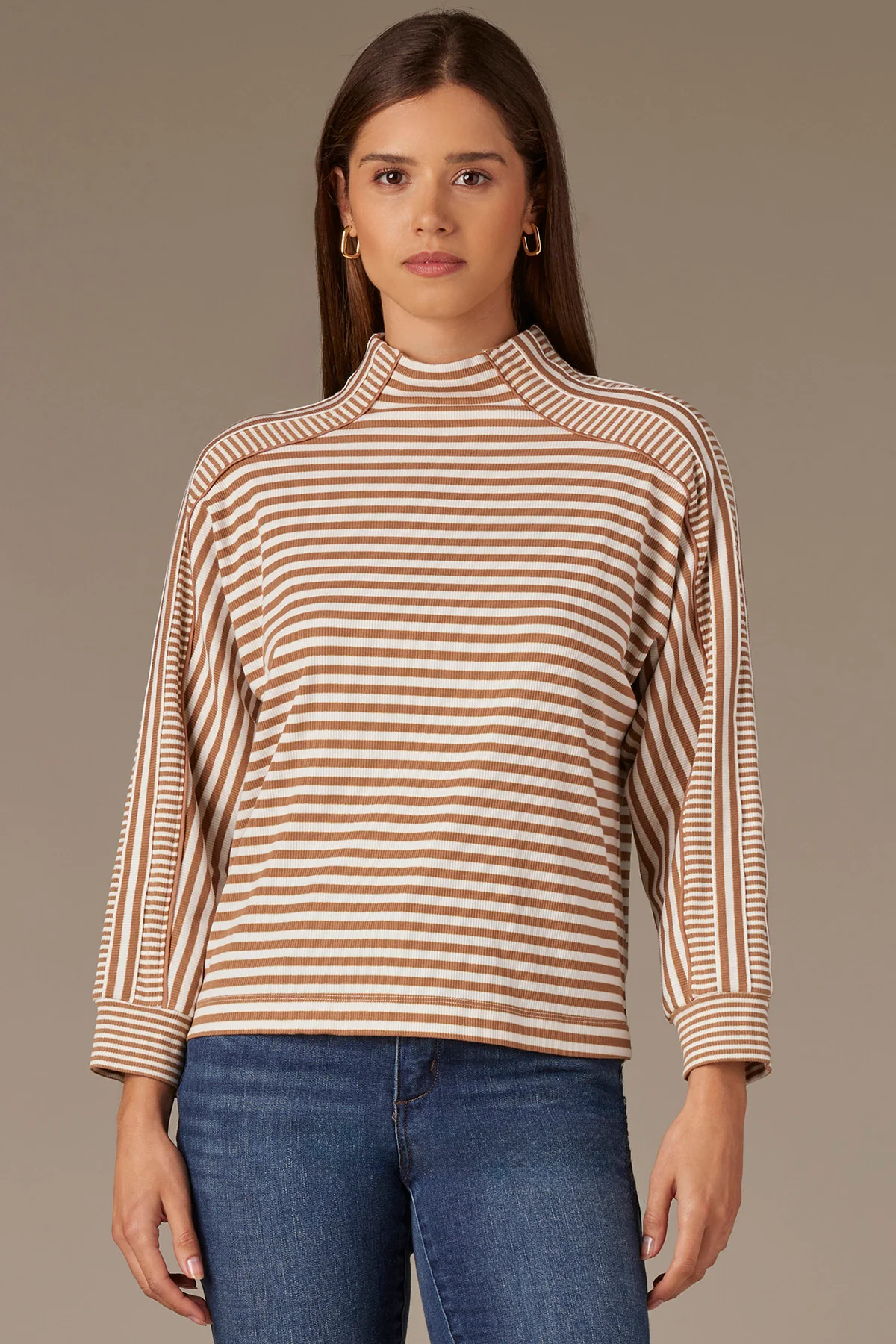 Three Quarter Dolman Sleeve Mock Neck Stripe Print Knit Top - Image 6