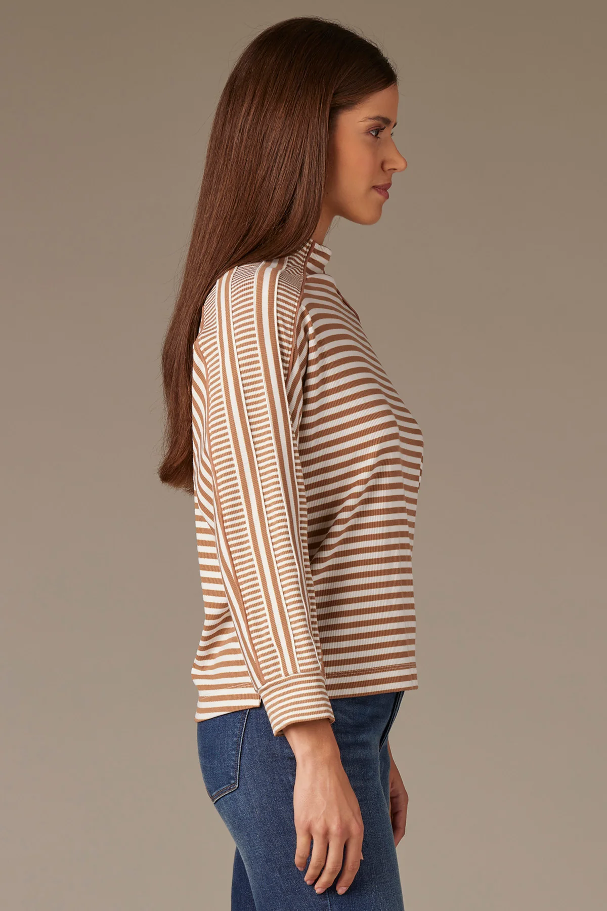 Three Quarter Dolman Sleeve Mock Neck Stripe Print Knit Top - Image 7