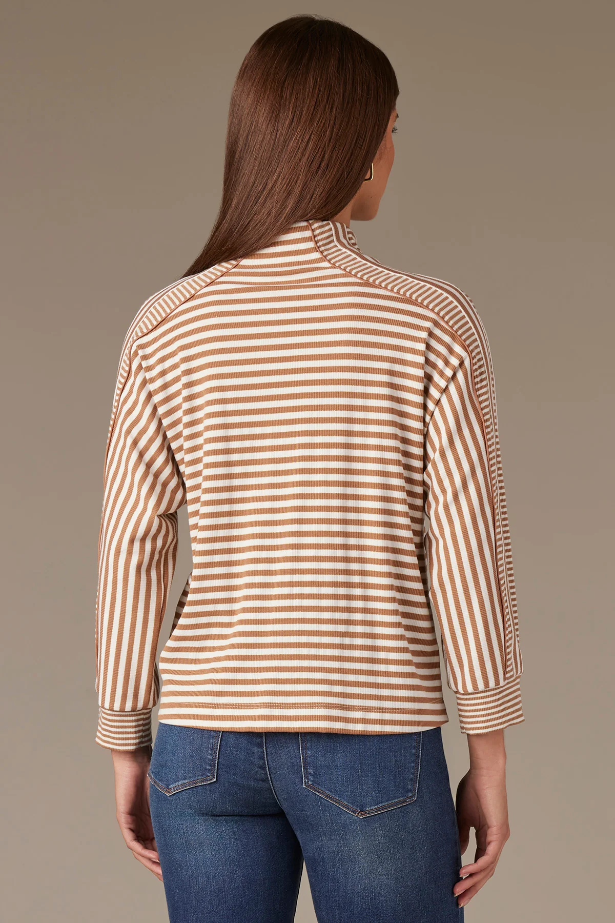 Three Quarter Dolman Sleeve Mock Neck Stripe Print Knit Top - Image 8
