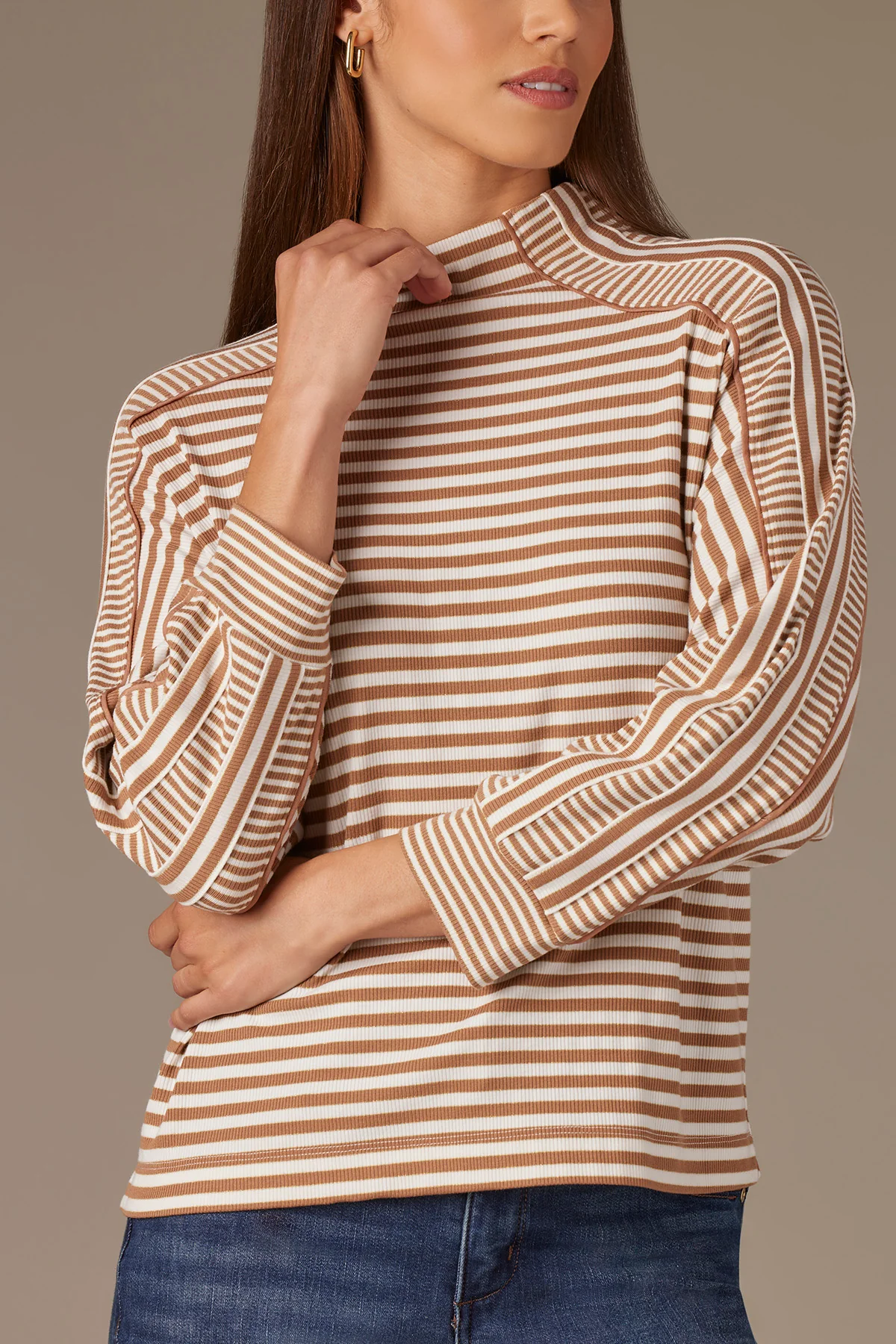 Three Quarter Dolman Sleeve Mock Neck Stripe Print Knit Top - Image 9