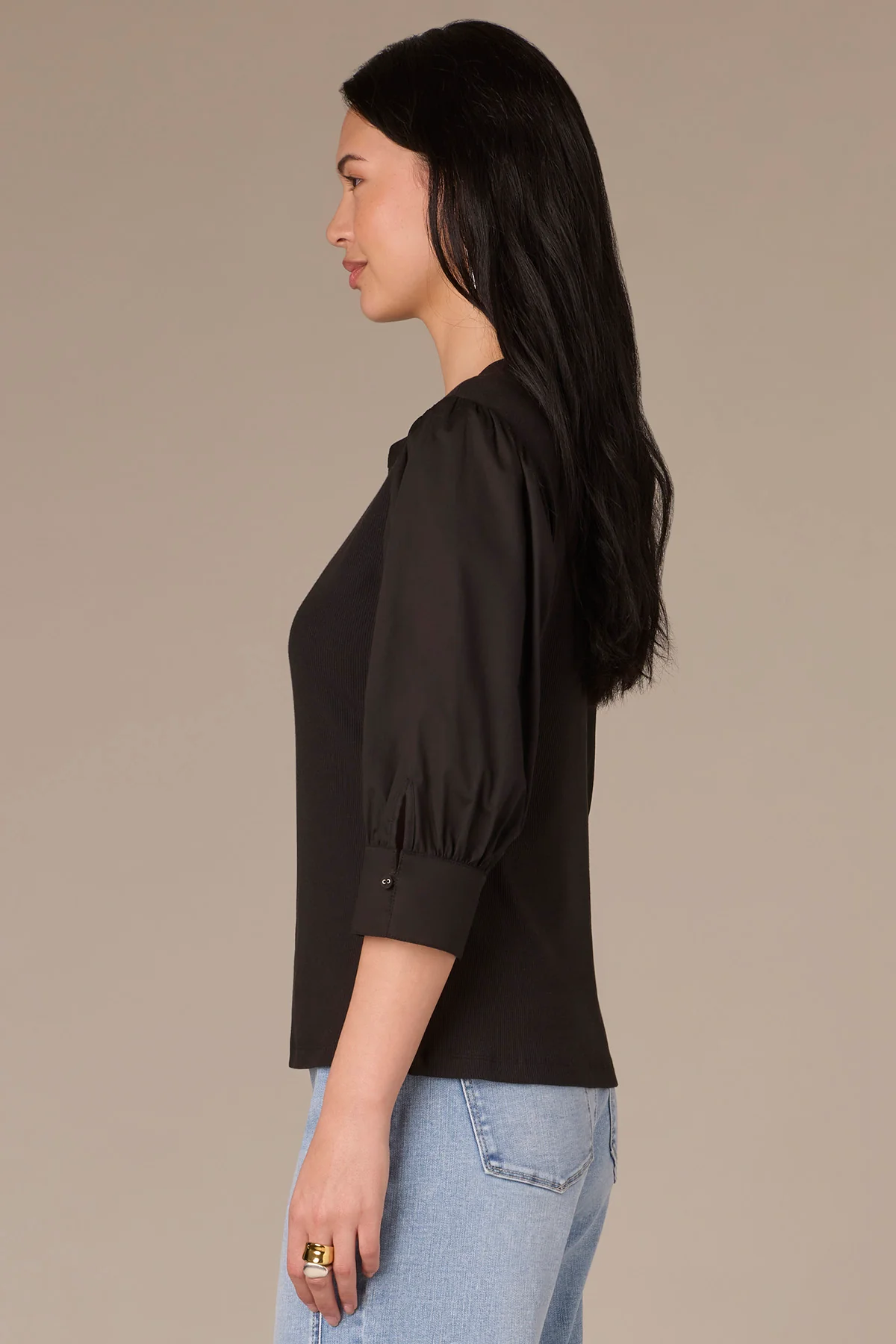 Three Quarter Puff Sleeve Half V-Placket Mixed Media Knit Top - Image 10