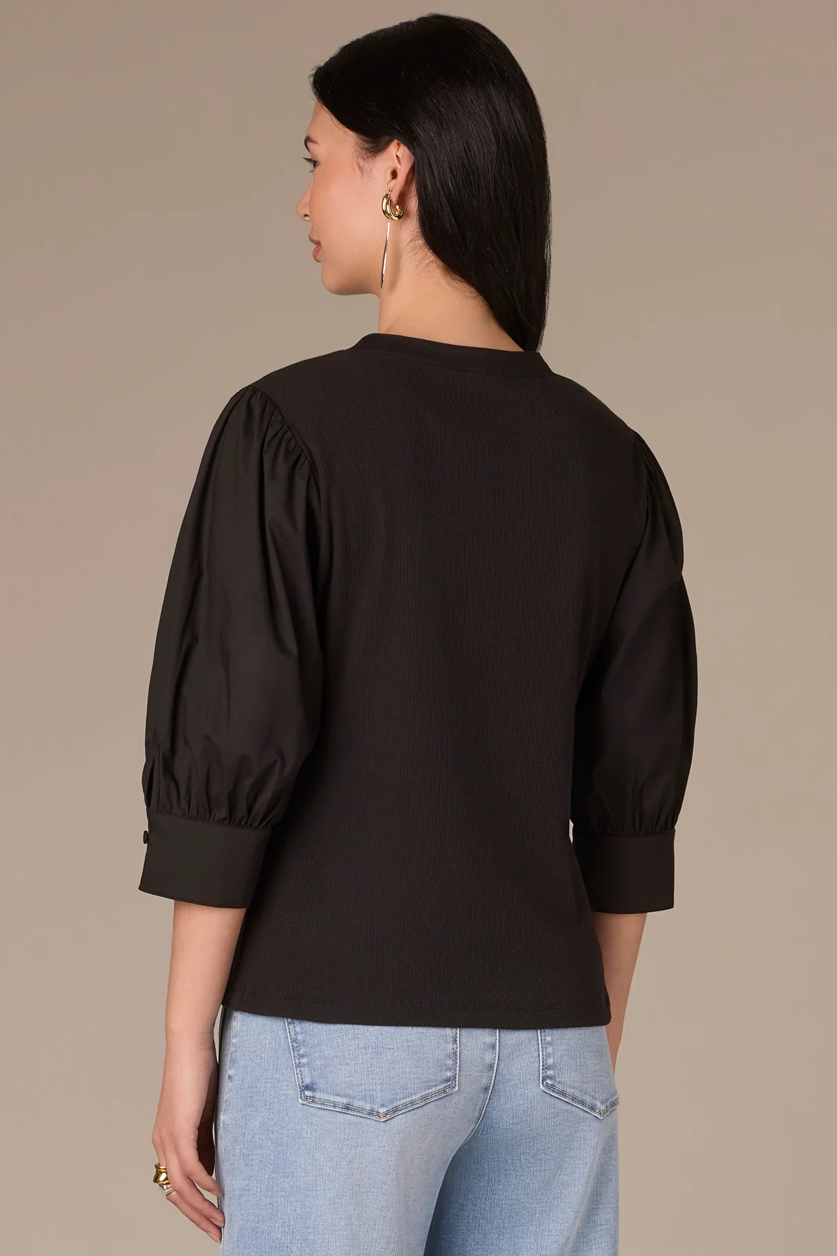 Three Quarter Puff Sleeve Half V-Placket Mixed Media Knit Top - Image 11