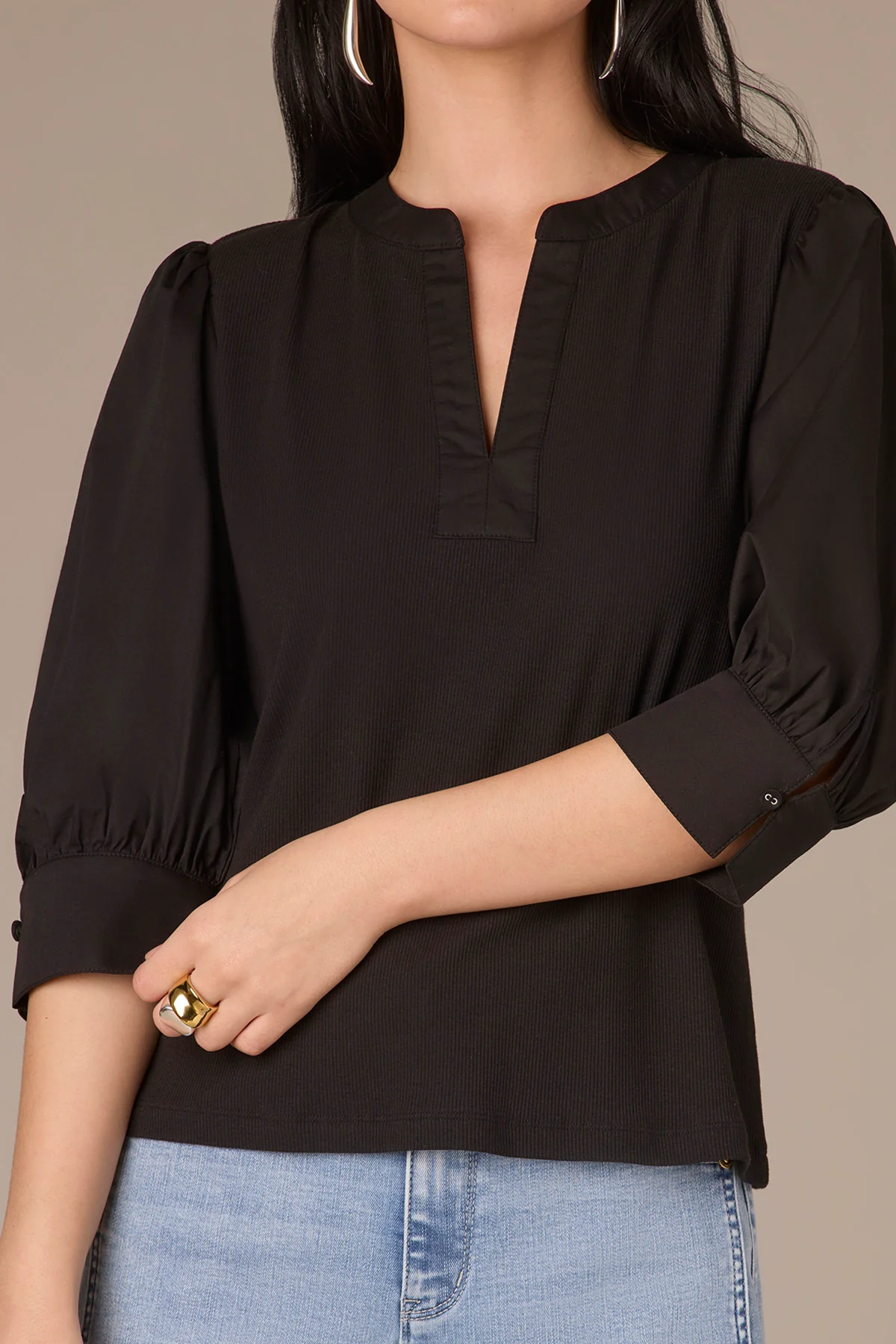 Three Quarter Puff Sleeve Half V-Placket Mixed Media Knit Top - Image 12