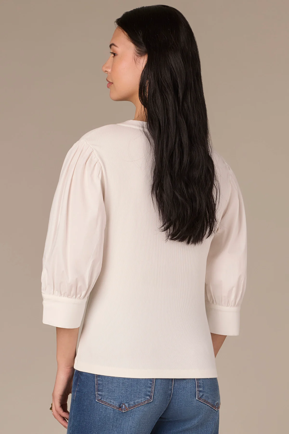 Three Quarter Puff Sleeve Half V-Placket Mixed Media Knit Top - Image 3