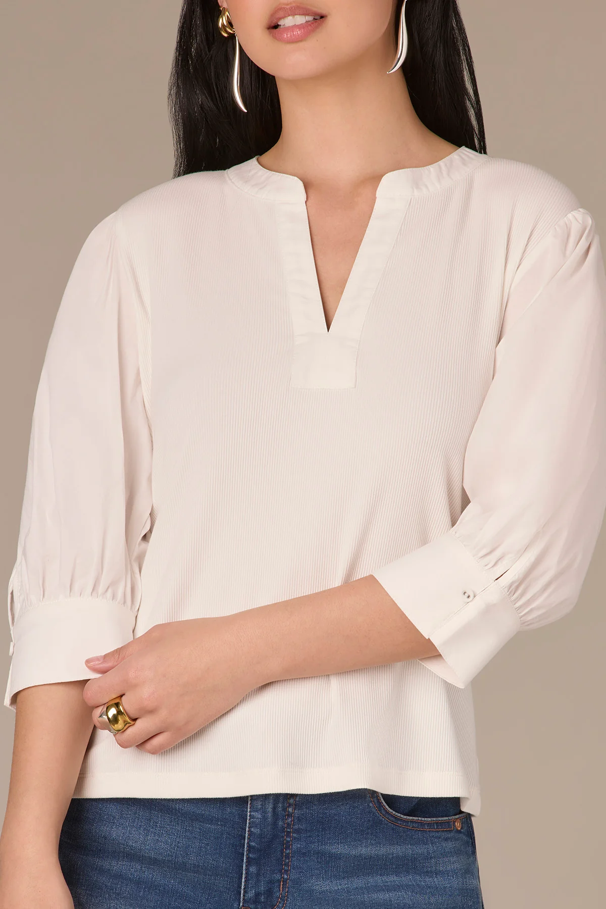 Three Quarter Puff Sleeve Half V-Placket Mixed Media Knit Top - Image 4